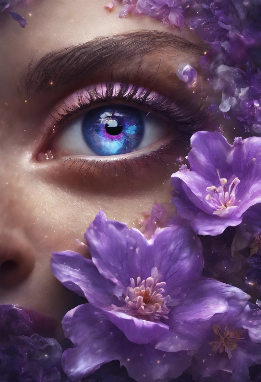 eye in the middle of a cloud of purple flower glitter, Volcano erupting with eye on top, tons de azul, arte digital inspirada em Cyril Rolando, surrealismo, Portrait of a giant eye in the smoke of a volcano, mystic eye, nuvem de fumo com um olho, surrealismo