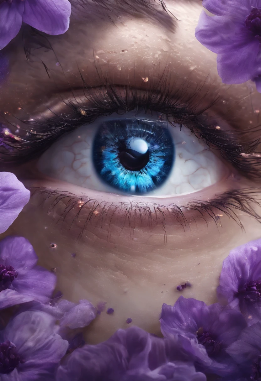 eye in the middle of a cloud of purple flower glitter, Volcano erupting with eye on top, tons de azul, arte digital inspirada em Cyril Rolando, surrealismo, Portrait of a giant eye in the smoke of a volcano, mystic eye, nuvem de fumo com um olho, surrealismo