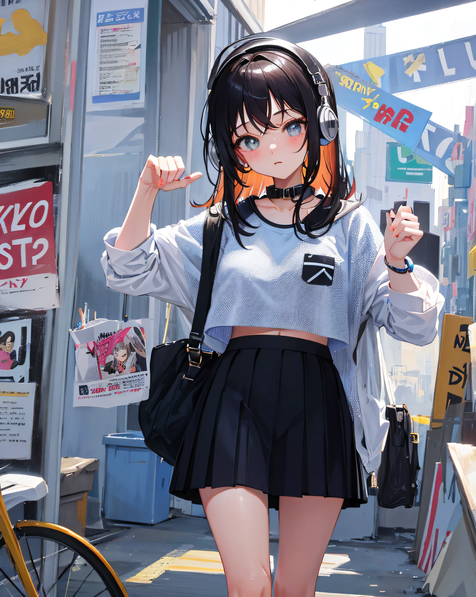 (Realistic painting style:1.0), Masterpiece, Best quality, absurderes, comic strip, illustration,
1 girl, Medium hair, Cute girl, young and cute girl, Korean girl, {Breasts},
A girl in a skirt and a striped shirt with headphones, On the road, Girl wearing headphones, cute kawaii girls, photo of slim girl model, Wear a collar, wearing a crop top, Wear a striped top, Striped top, Black skirt, Simple clothes, Simple clothing,