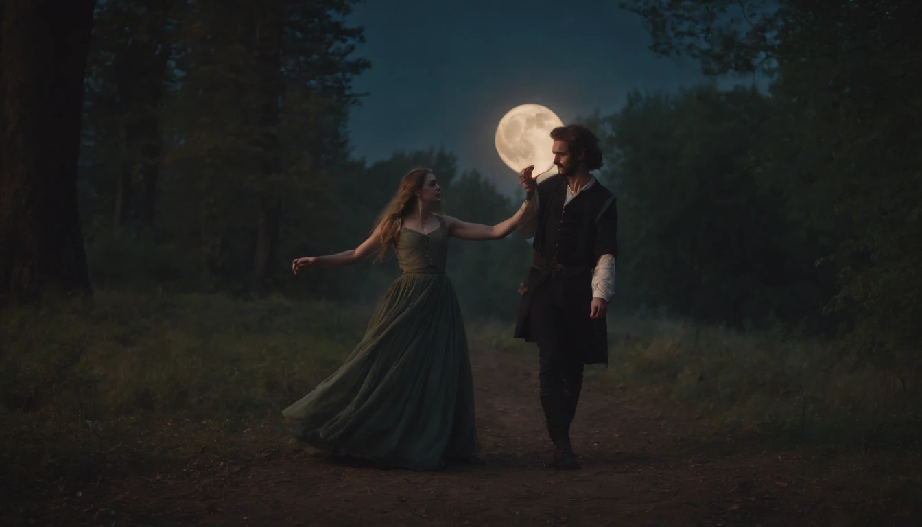 medieval Hungary, a medieval vampire-like man dances with a young beautiful girl in the forest at dark night beneath a large moon, eerie, mystical, cinematic scene from film