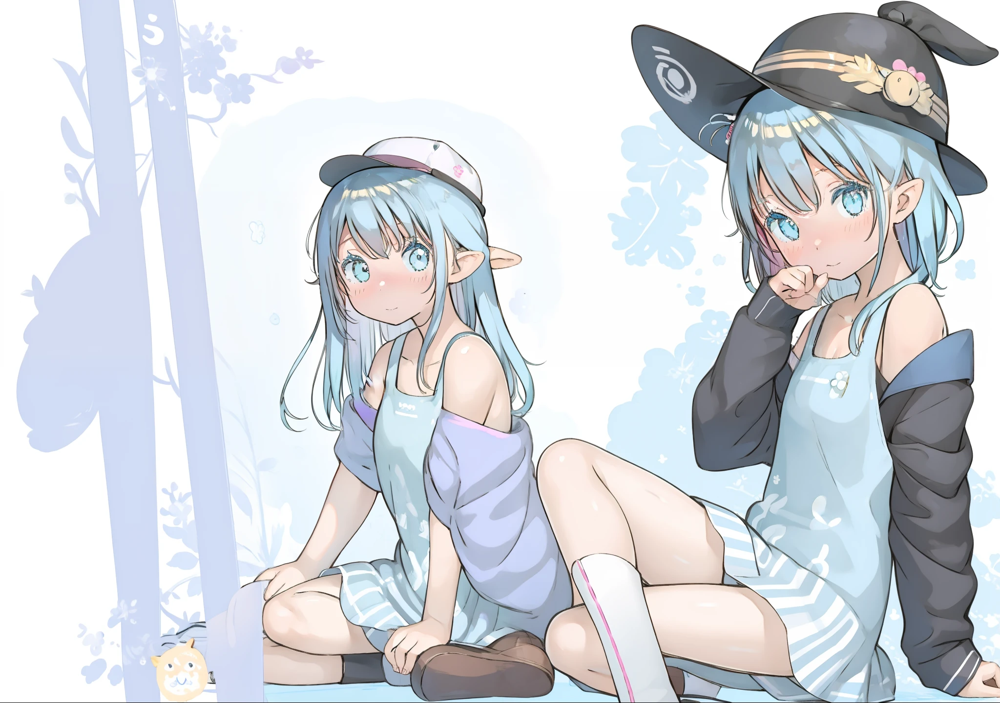 Anime girl sitting on the ground wearing hat and boots, Elf Girl, Cute anime girl, Digital art on Pisif , Digital anime illustration, Digital anime art!!, Pisif, Soft anime illustration, Pisif Contest Champion, Anime style portrait, Cute anime style, **** in dress, zerochan art, pretty anime girl, Blue Elf,