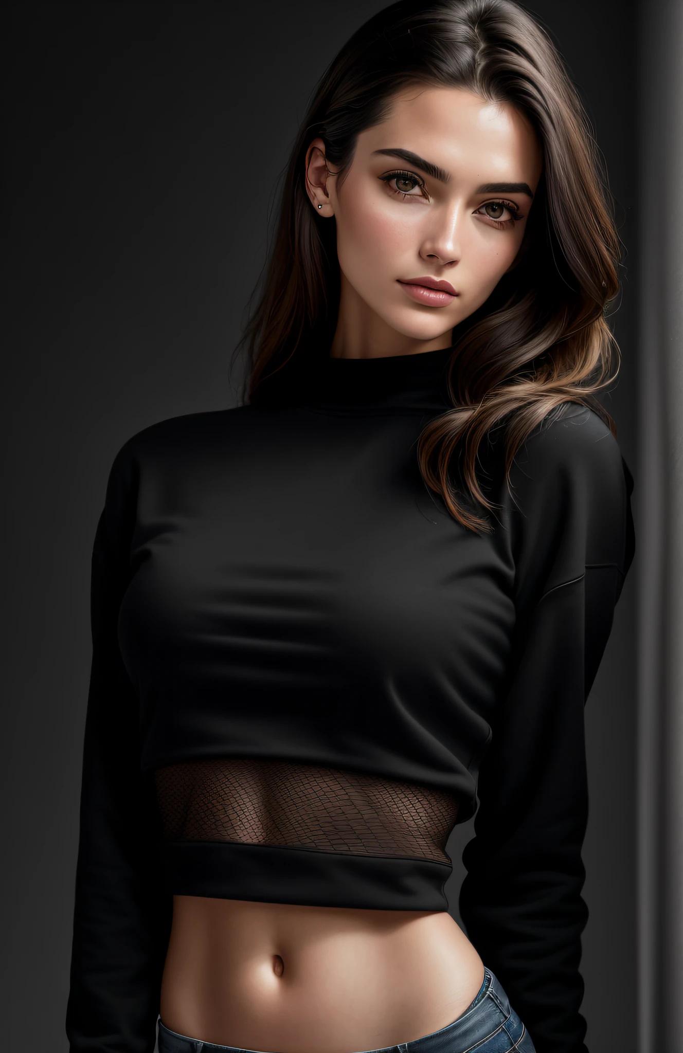 high angle photo of a gorgeous young woman in the style of stefan kostic, realistic skin texture, looks up, black sweatshirt, 1 / 2 body crop, 8 5 mm art lens, f 1. 2, sharp focus, 8 k high definition, insanely detailed, intricate, elegant, art by stanley lau and artgerm