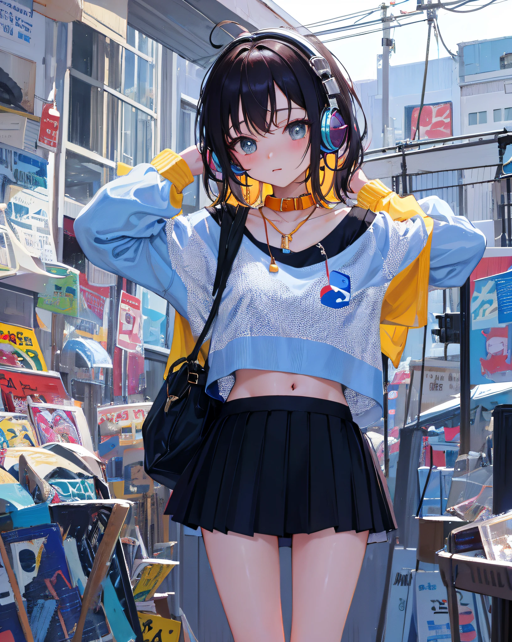 (Realistic painting style:1.0), Masterpiece, Best quality, absurderes, comic strip, illustration,
1 girl, Medium hair, Cute girl, young and cute girl, Korean girl, {Breasts},
A girl in a skirt and a striped shirt with headphones, On the road, Girl wearing headphones, cute kawaii girls, photo of slim girl model, Wear a collar, wearing a crop top, Wear a striped top, Striped top, Black skirt, Simple clothes, Simple clothing,
