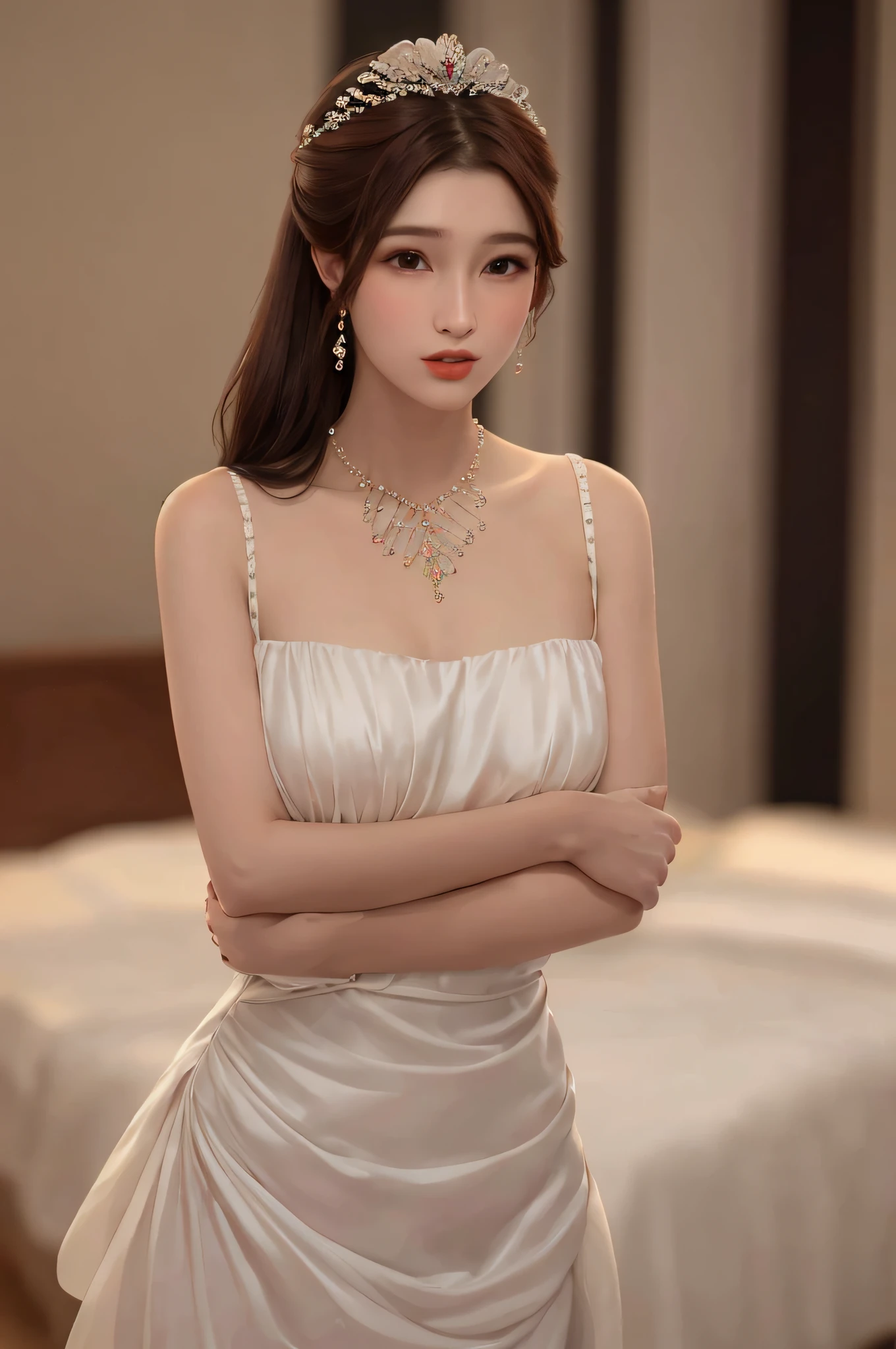 （（Adileen，brunette color hair））， randome pose， （An extremely delicate and beautiful work）， （tmasterpiece）， 1girl， An extremely detailed and elegant wedding dress， head gear， highly  detailed， Ponytail Contortion， Enchanted expression， beautiful and clear eyes， Green eye pupils， delicatenecklace， Delicate earrings， Simple blurred background， Extreme detail description， big breasts beautiful， big breasts enchanting， hyperdetailed painting， s delicate face， exquisite body， fine collar bone，lovely lips， Behind the softness， mix4，（8k， RAW photos， best qualtiy， tmasterpiece：1.2）， （realisticlying， photograph realistic：1.37）， 1girll， adolable， view over city， the night， Sateen， dampness， profesional lighting， photon maping， Radio City， physically-based renderingt， full bodyesbian，Bigchest