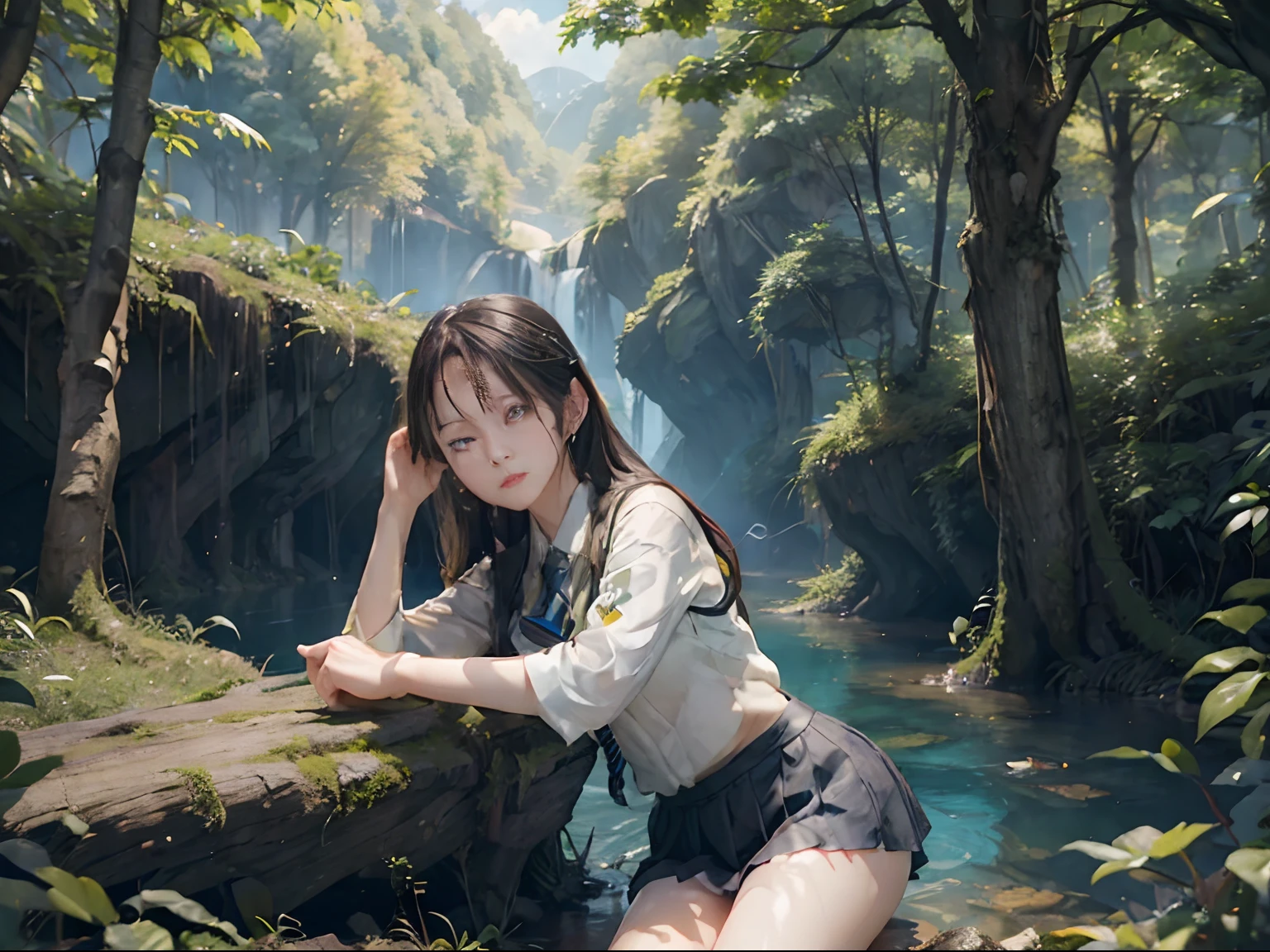 female students falling asleep in the forest, summer uniform, sharp focus, 8k, perfect composition, trending on art station, award-winning photograph, cinematic smooth, intricate detail, highly detailed, from below, splash, fractal art, god ray, rainbow,