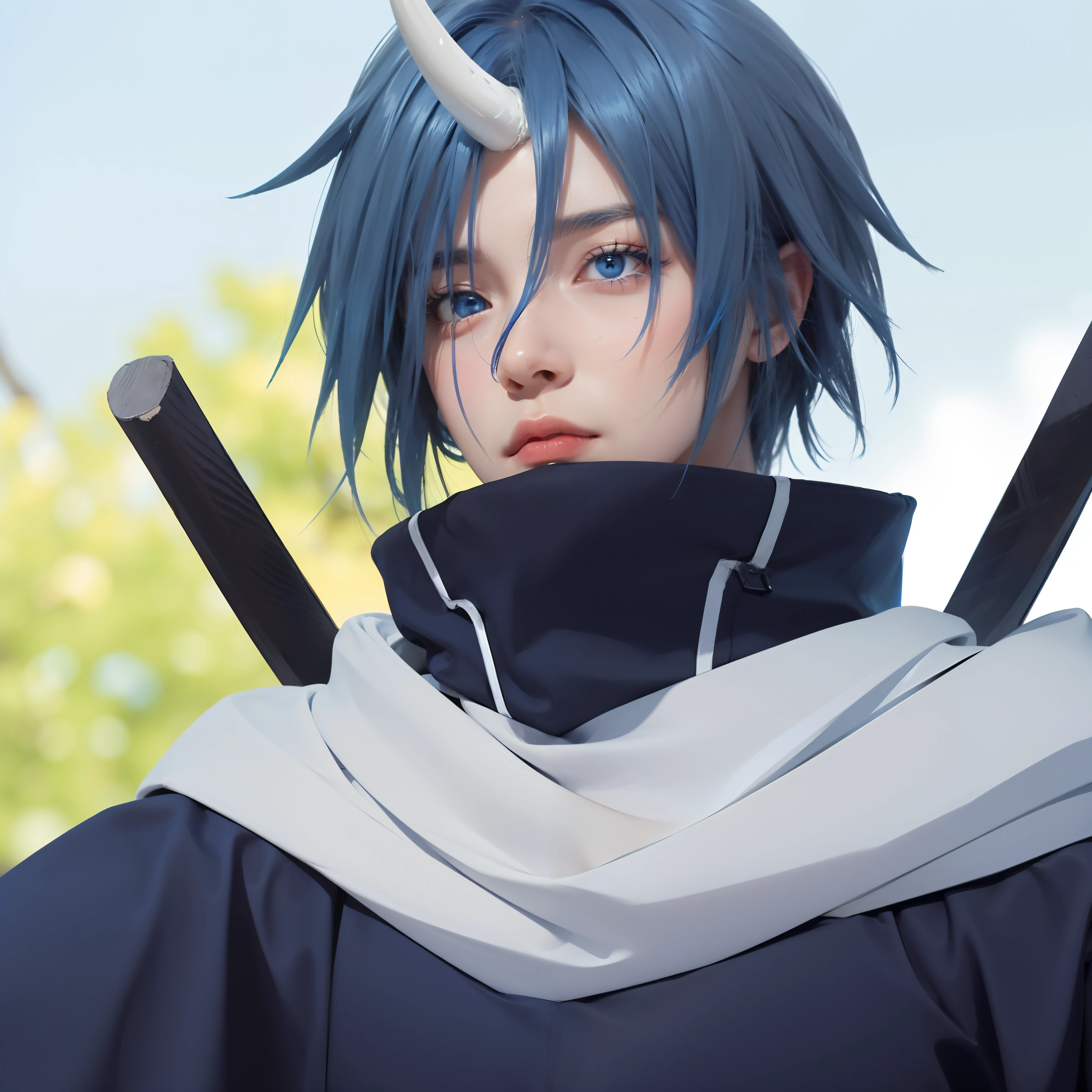 masterpiece, best quality, ultra detailed, highly detailed, 1boy, blue eyes, blue hair, white horn