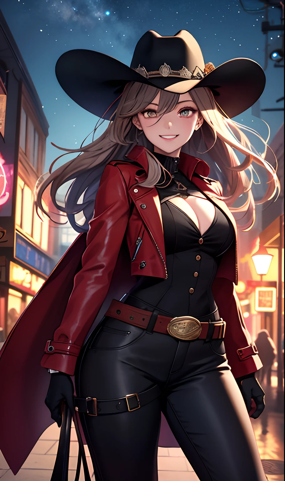 A high resolution, Ultra detailed, (1girll:1.3) , full bodyesbian，sexy lady((Lovely smile)),whaite hair，Gemstone eyes，leather trenchcoat，Western cowboy on horseback，cowboy hat, Skeleton horse, the night, The blood-red moon shines, West town atmosphere,A lot of passers-by vibrant colors, geometric shapes, Engaging design, visual shock, Dynamic synthesis , Expressive body language, battlefiled, Visual storytelling, high and cold, Burning flame,Burning western village