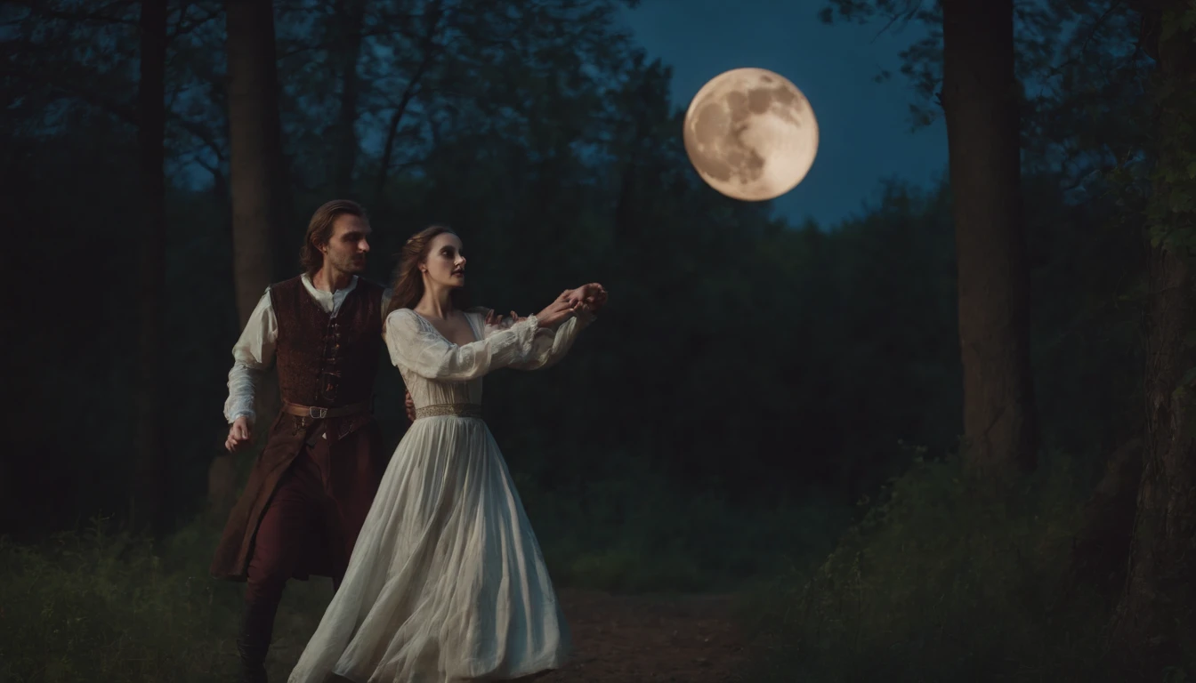 medieval Hungary, a medieval vampire-like man dances with a young beautiful girl in the forest at dark night beneath a large moon, eerie, mystical, cinematic scene from film