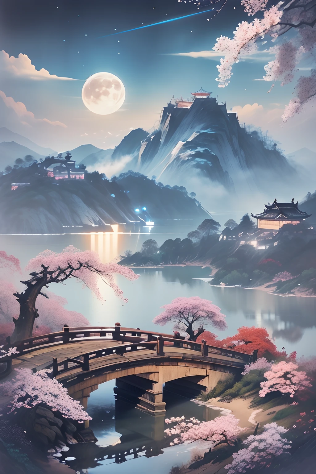 Overlooking、A view from afar,Supermoon hangs in a clear blue sky,Under the moon is a deep blue lake,There is a cherry blossom tree on each side of the lake,A group of people from the Tang Dynasty sat on an ancient ship with bright lights, eating, drinking and busy,