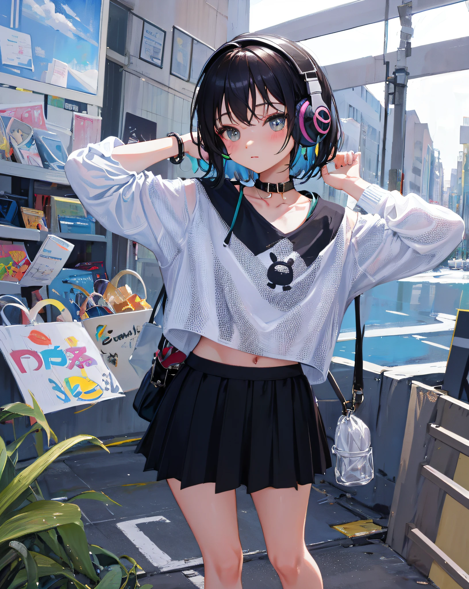 (Realistic painting style:1.0), Masterpiece, Best quality, absurderes, comic strip, illustration,
1 girl, Medium hair, Cute girl, young and cute girl, Korean girl, {Breasts}, 
A girl in a skirt and a striped shirt with headphones, On the road, Girl wearing headphones, cute kawaii girls, photo of slim girl model, Wear a collar, wearing a crop top, Wear a striped top, Striped top, Black skirt, Simple clothes, Simple clothing,