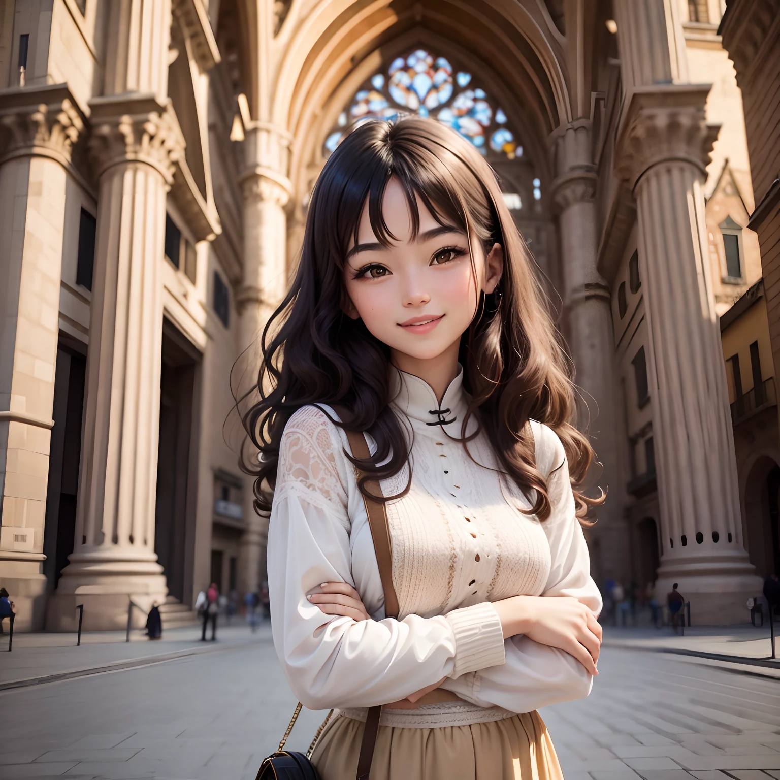 Italian Chinese girl with brown curly hair smiling confidently in front of Sagrada Familia