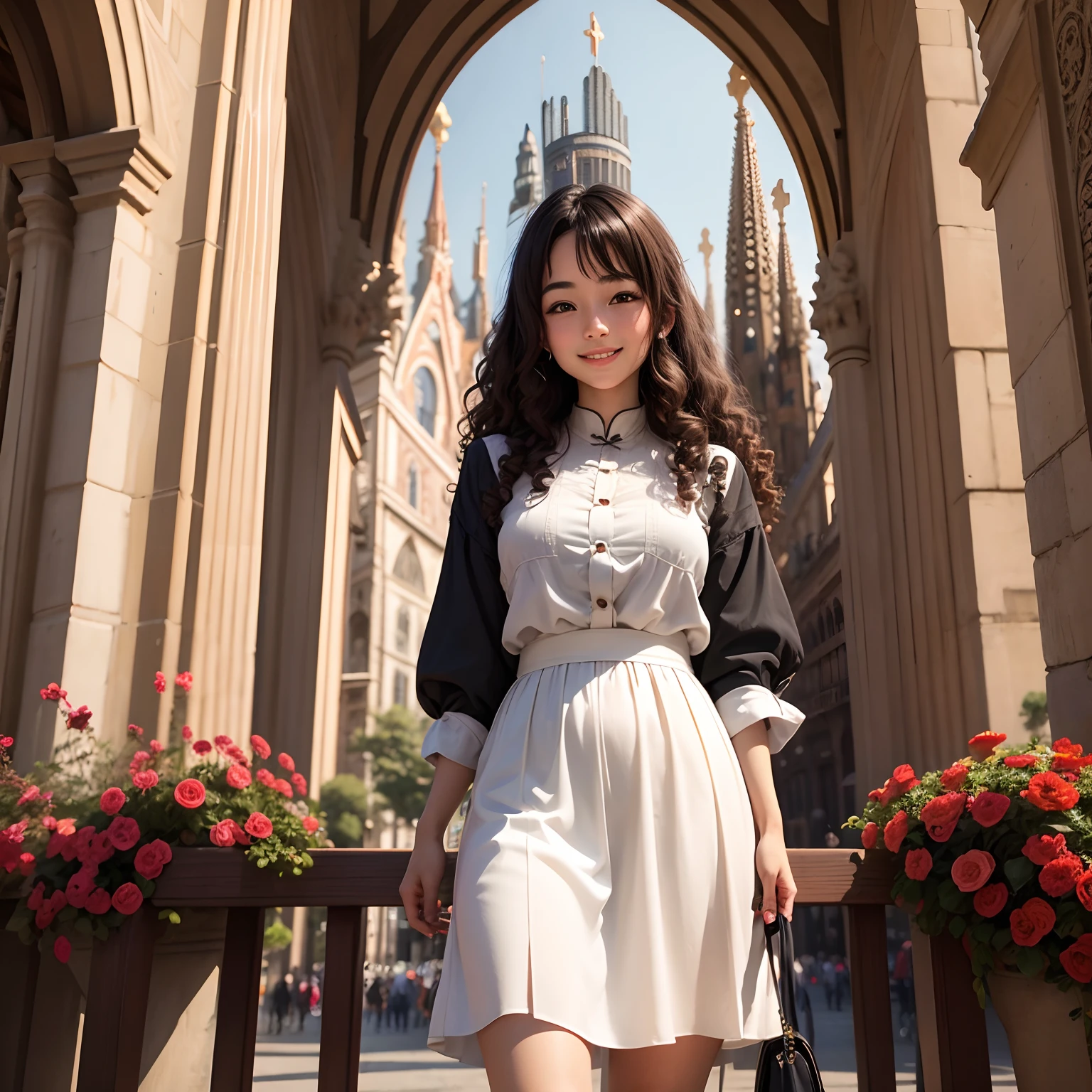 Italian Chinese girl with brown curly hair smiling confidently in front of Sagrada Familia