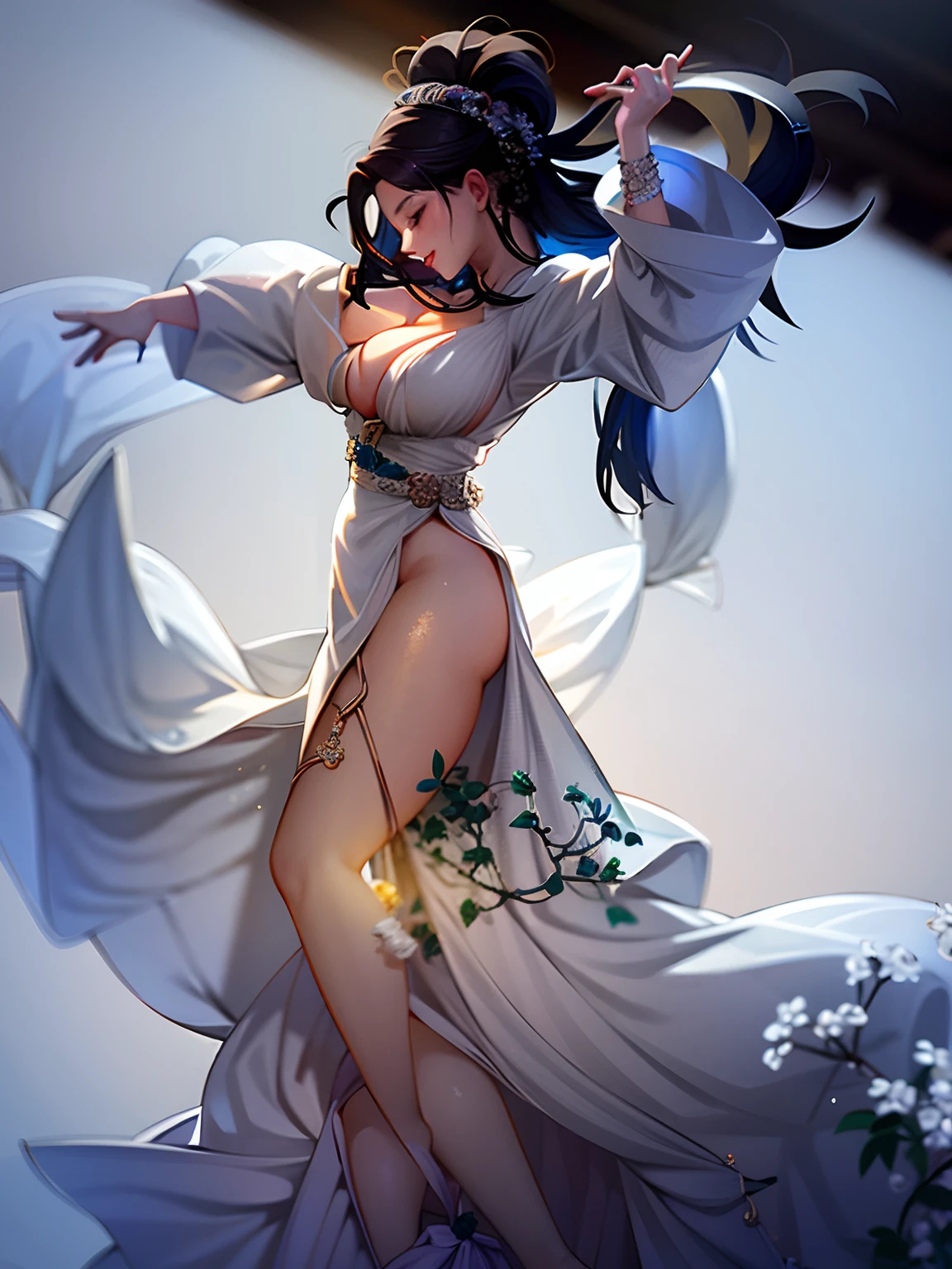 a woman in a naked is dancing with a fan, by Yang J, by Chen Lin, by Lin Liang, by Li Song, by Zeng Jing, by Song Xu, guweiz, by Yang jin, by Zhou Wenjing, by Huang Shen, no robe, blue eyes