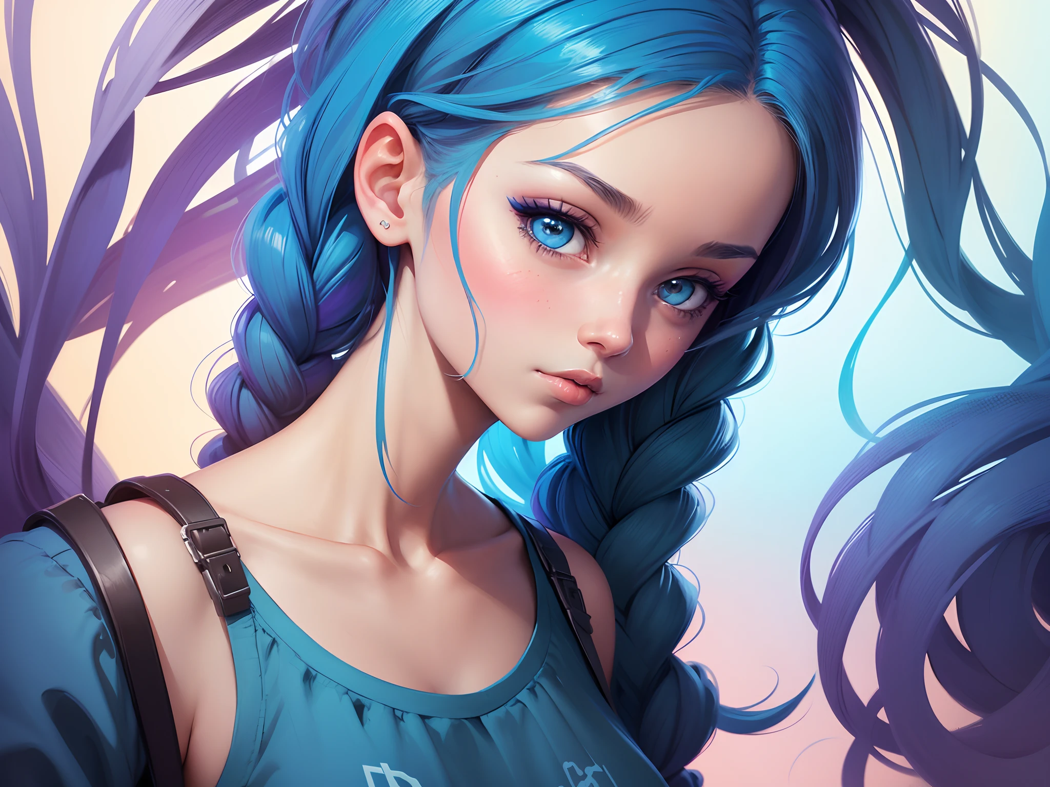 semi-realistic, 2.5D, detailed, flat colors only, illustration, line-art, watercolor:0.8, best quality,
detailed background,
close-up head and shoulders of 18yo 1girl, Jinx cosplay, outdoors,
light-blue hair, twin braids, tattoos, event pass,
in convention center at cosplay event,
side-lighting, dramatic lighting, deep shadows,
