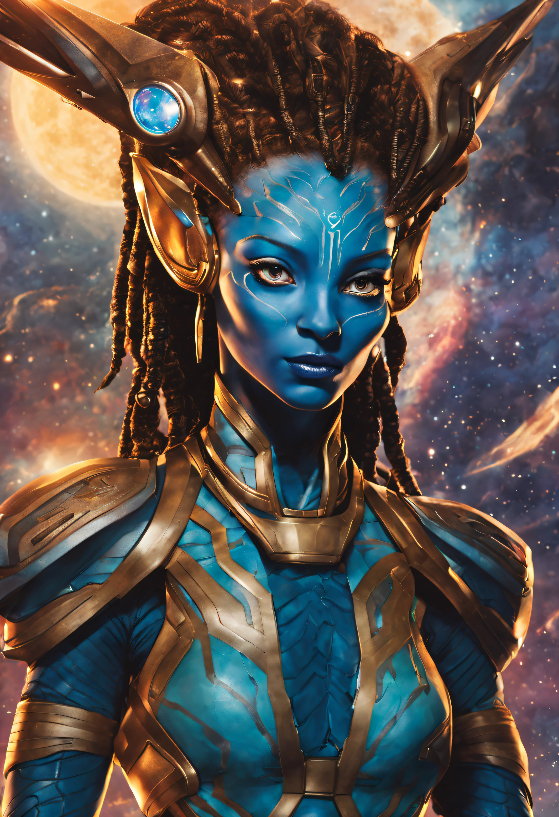 hembra alienigena extraterrestre (mezcla de nebula de marvel comics y neytiri de avatar), with small antennae on the forehead, ojos grandes,traje ultratecnologico, se encuentra en centro de control de estacion espacial.