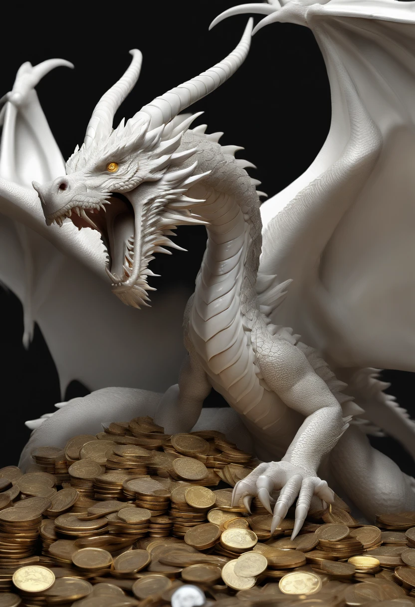 "Very beautiful 3d rendered white dragon,Representation of dynamics, Vivid effects and details,Top image quality,hight resolution,plethora of colors, Pile of Coins, treasure"