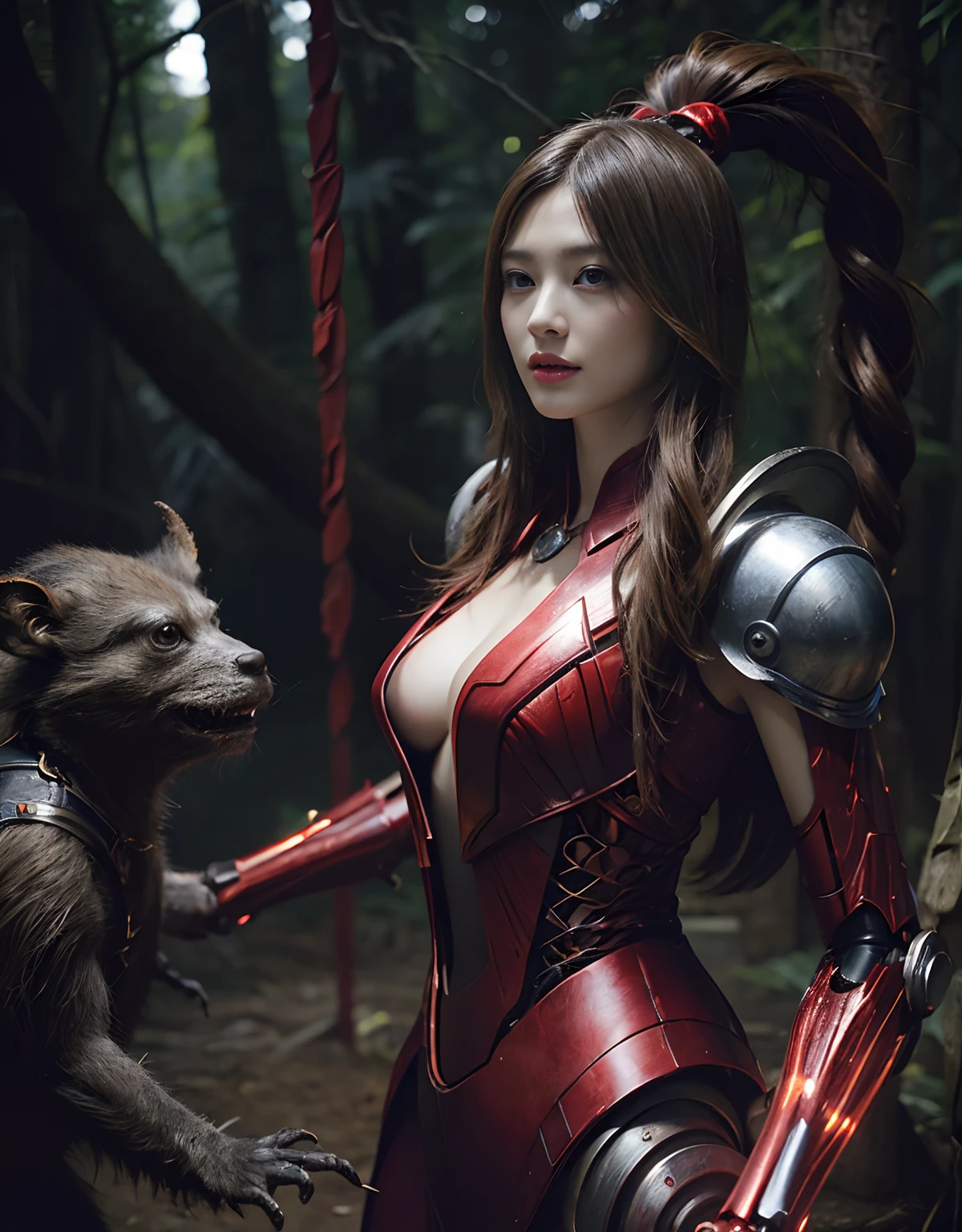(1 Mechanical Girl)、top-quality、​masterpiece、超A high resolution、(Photorealsitic:1.4)、Raw photo、女の子1人、Fight mutants、glowy skin、(((1 Mechanical Girl)))、With a beautiful knife、（Yellow Metal Bodysuit）、(Kobold、ogre、Fierce battle with orcs),（Fight fiercely against aliens）、Fight fiercely、(beautiful forest background)、(Fighting Demonic Beasts)、(Small LED)、((super realistic details))、portlate、(Strong giant demon beast background),globalillumination、Shadow、octan render、8K、ultrasharp、Colossal tits、Raw skin is exposed in cleavage、metals、Details of complex ornaments、Japan details、highly intricate detail、Realistic light、(Mystical expression),CGSoation Trends、Red Eyes、radiant eyes、Facing the camera、neon details、(Mechanical limbs)、(blood vessels connected to tubes)、Mechanical vertebrae attached to the back、mechanical cervical attaching to neck、(Wires and cables connecting to the head)、Gundam、Small LED、,Mechanical thighs、Toostock、（Hands are also made of machines）、（Attack of the Monster Beasts）、（Wounded in a deadly battle）、