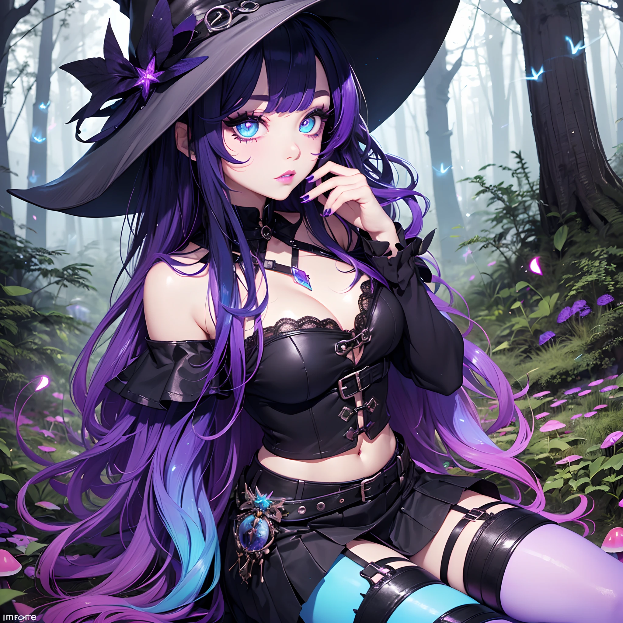 (((master piece, best quality))), (((sharp focus))), 1girl, (((long black hair))), very long hair, (((multicolored hair, gradient hair, two-tone hair, black hair, blue hair, purple hair:1.2))), (((glowing blue eyes))), (((star-shaped pupils))), gothic makeup, (thick eyeliner), lips, eyeshadow, (((black off shoulder tiered sleeve crop top))), ((harness)), large breasts, (((high waist black skirt))), (navel piercing), ((garter)), (gothic ripped stockings), ((gothic black boots)), (((black witch hat))), (((Gothic witch))), scenery, ((forest)), (((haunted forest))), (((glowing mushrooms))), (fireflies), (((iridescent))), (((posing for viewer))), (((close up shot))), more_details:-1, more_details:0, more_details:0.5, more_details:1, more_details:1.5, more_details:2, InkAnime, oni horns, oni_horns, anime_oni_horns, InkAnime, (glowart), Korean webtoon girl, big eyes, ombre lipstick, cute face, oval face, colored hair, curly hair, straight hair, kahuka1, (((entropymagic))), fantasy, decay, dissolving, (((purple eyelashes))), entropymagic, fantasy, decay, dissolving, entropymagic, fantasy, decay, dissolving, colored eyelashes, white eyelashes, glowify, colored eyelashes, white eyelashes, glowify --auto --s2