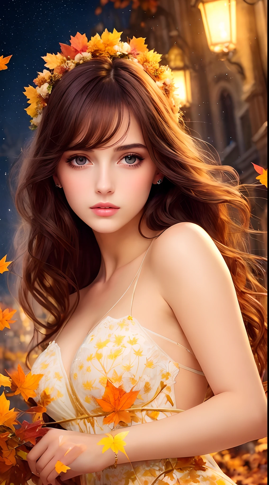 A masterpiece,tmasterpiece,1girll, Exquisite facial features,Luminous design, pastelcolor, ink dripping, Autumn lights,The composition is perfect,dynamicposes