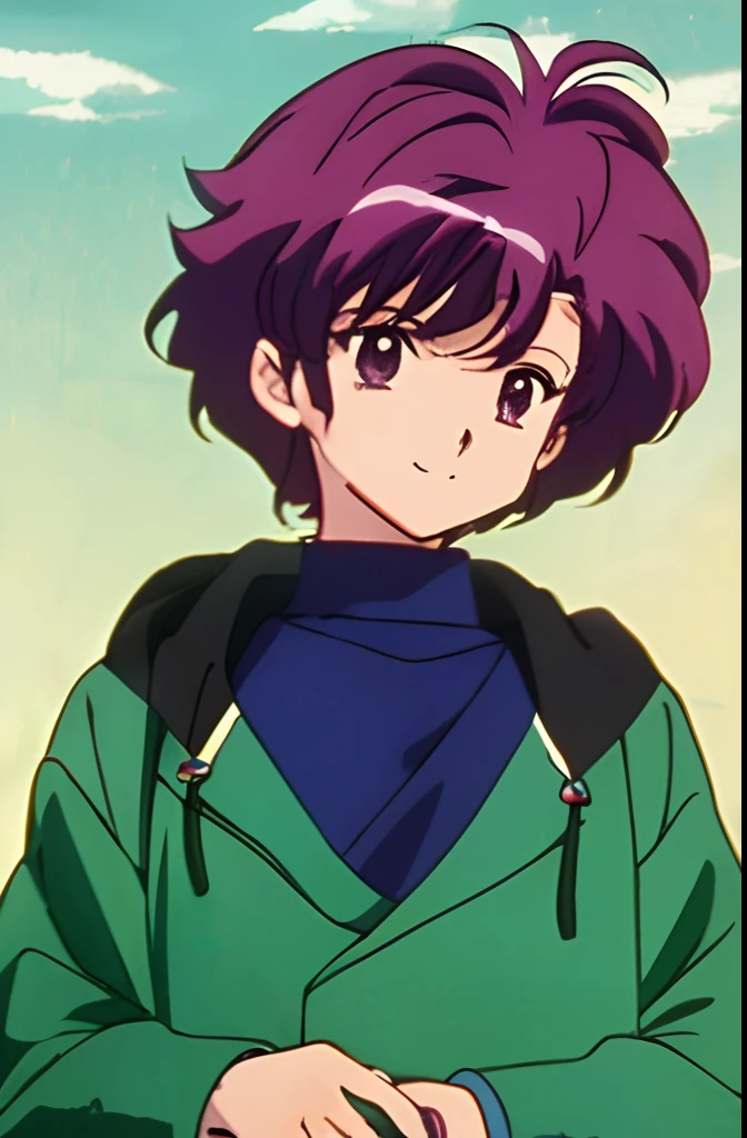 (80s anime style), masterpiece, top-quality, ighly detailed, 1boy, 独奏, (:3:0.9), ((Unique design)), (((Unique hairstyle)))red blush , gradients, looking at the viewers, a smile, 独奏,((haunted)),
