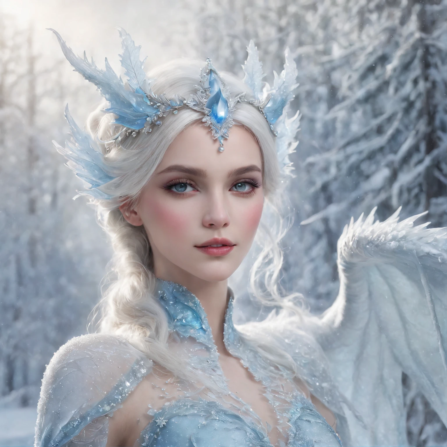 generate a celestial and colorful petite ice angel. her eyes should be beautifully detailed, extremely detailed, realistic, macro, and bright. her face should be fierce and dynamic. She should have soft, full lips and an arched nose. Her face should have high cheekbones, a strong jawline, and large lips. include a highly detailed face with realistic eye shading. her clothes are long and flowing and made of silk and lace and pearls. include frosty details such as snow, wind, snowflakes, cold air, and night sky. include phantasmal iridescence, shimmer, glimmer, and bumps, as well as beautiful and intricate fantasy details. this is a magical and high fantasy image. cold, frost, frost on image, frost on camera, frost on figure, intricate snowflakes ((masterpiece)), best quality, high quality, highres, intricate details, portfolio piece, bryan organ, matte, trending on art station, in the style of greg rutkowski, include magical ice creature, use shades of blue, include fur, (dynamic composition), (highly detailed), ornate, ultra detailed, detail enhancements, magical details, fantasy vibes, very detailed ice dragon, beautiful and intricate ice chimera, ((dynamic composition)). include colorful iridescence, extremely detailed eye