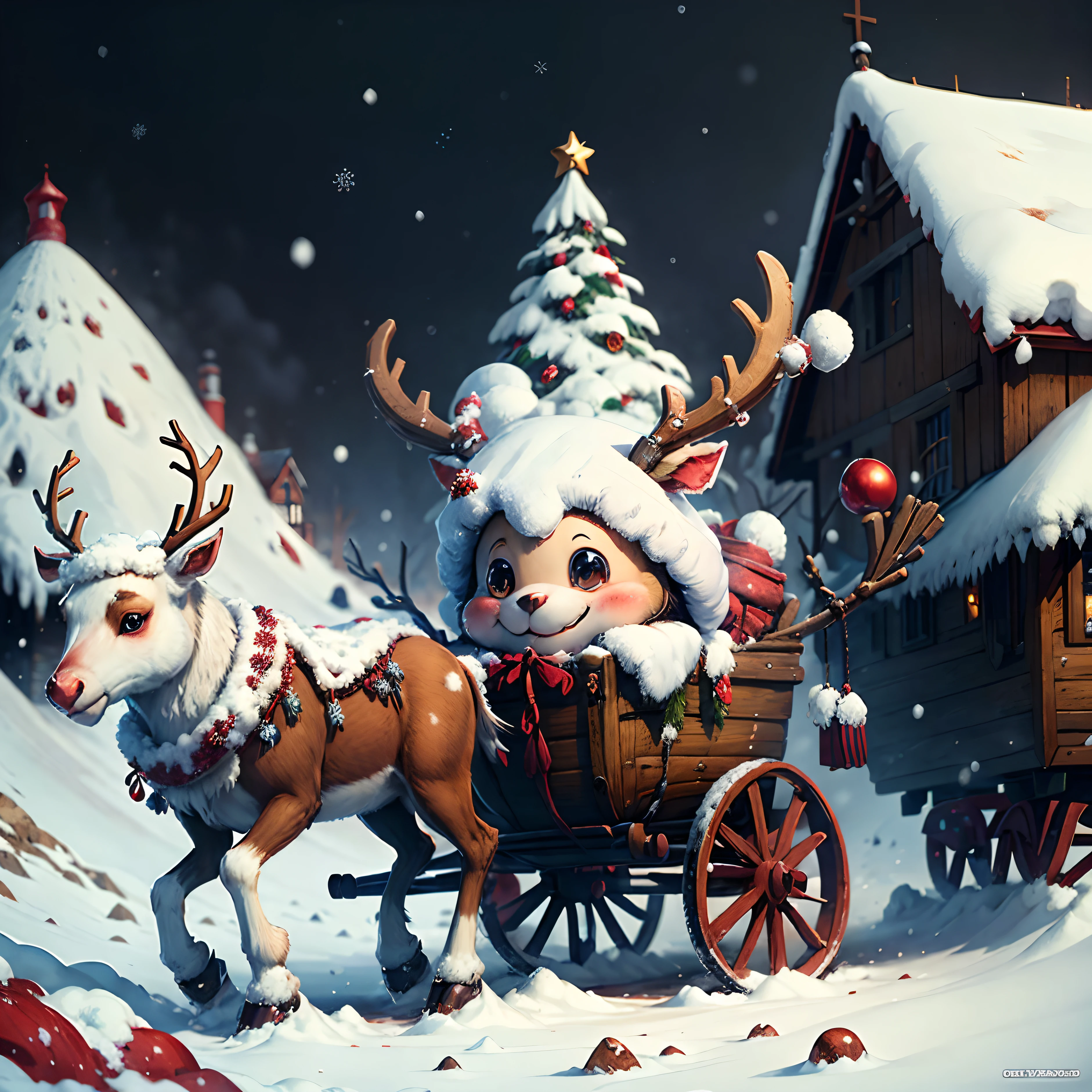An adorable reindeer with red nose, scraf, pulls a carriage full of christmaa presents in a snow-filled village in cartoon style, cute face, cute smile, snowing, printable