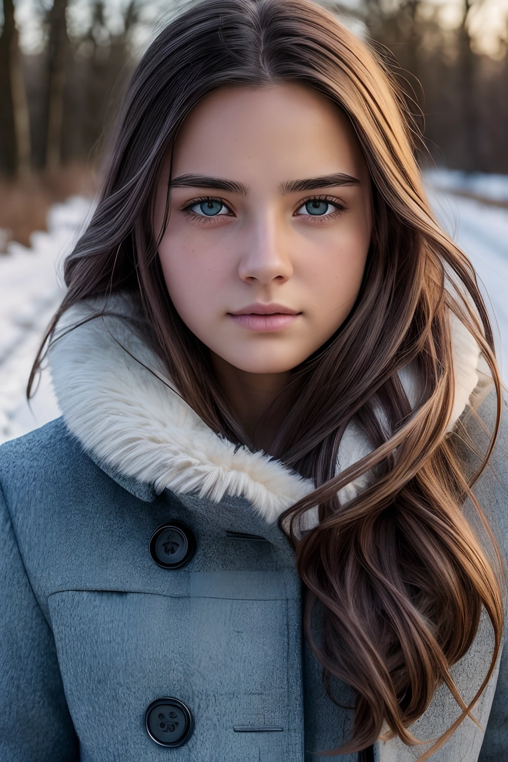 Highly detailed portrait of beautiful girl, wearing a winter coat, walking down a country road, long hair, showing misery and sadness, symmetrical face, symmetrical eyes, looks at the camera, stunning photography, photorealistic, art station, soft pastel colours, highly detailed, intricate, path tracing, illustration, insanely detailed, shadow mapping volumetric light, specular lighting