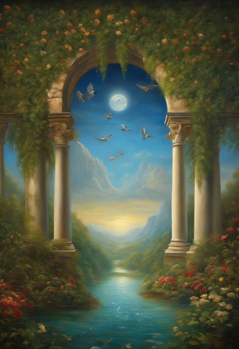 Painting of a beautiful landscape with a river and a bridge - SeaArt AI