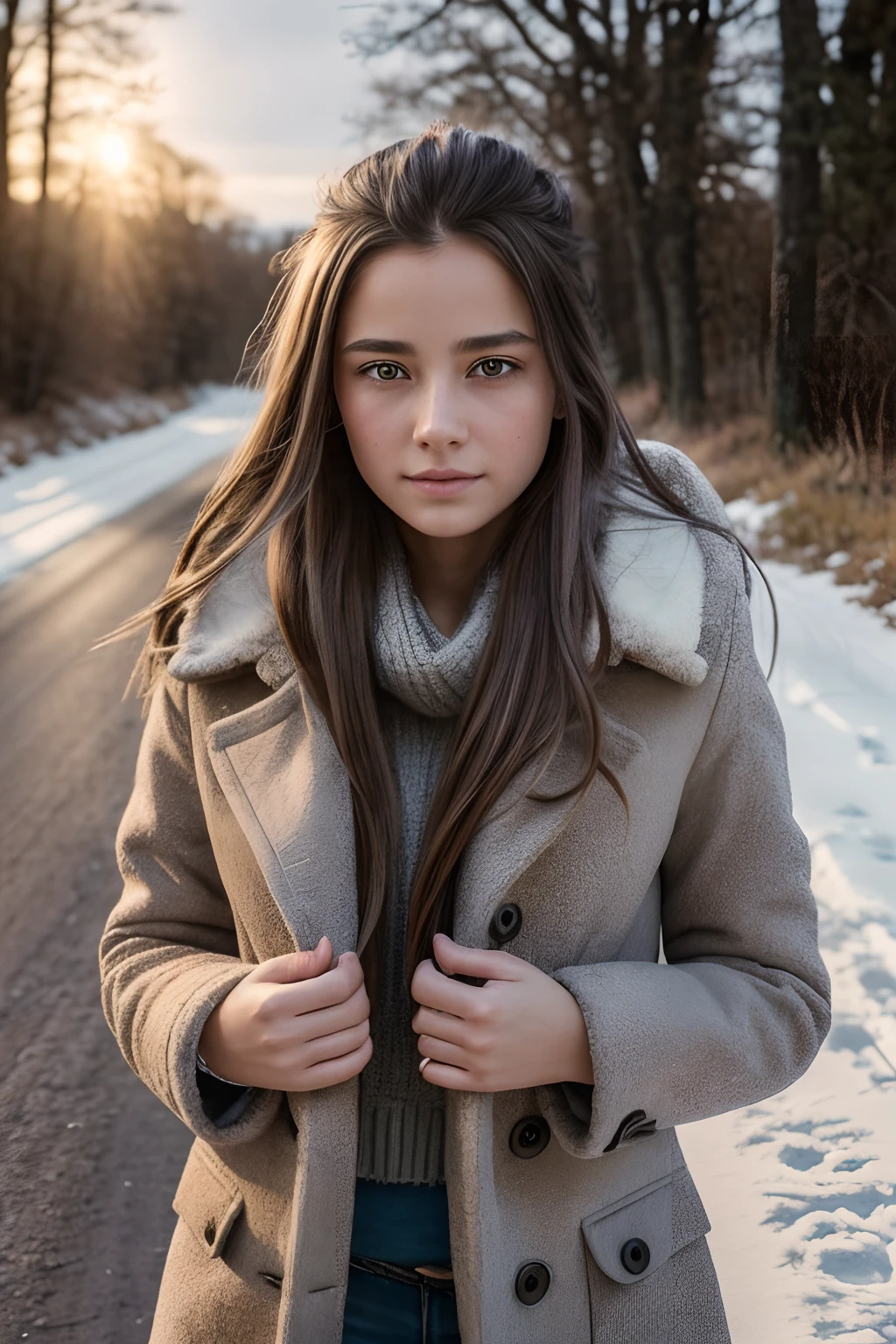 Highly detailed portrait of beautiful girl, wearing a winter coat, walking down a country road, long hair, showing misery and sadness, symmetrical face, symmetrical eyes, looks at the camera, stunning photography, photorealistic, art station, soft pastel colours, highly detailed, intricate, path tracing, illustration, insanely detailed, shadow mapping volumetric light, specular lighting