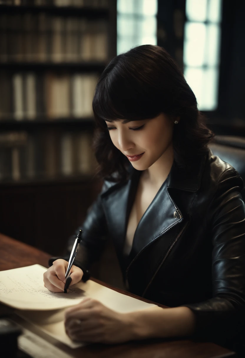 Wearing black leather gloves on both hands, Upper body, Black Leather Rider Jacket, Sitting at a desk in a dark study, Look down and smile, Use a fountain pen to write a letter, Black hair long straight, Young japanese lady (Black leather gloves cover both hands)