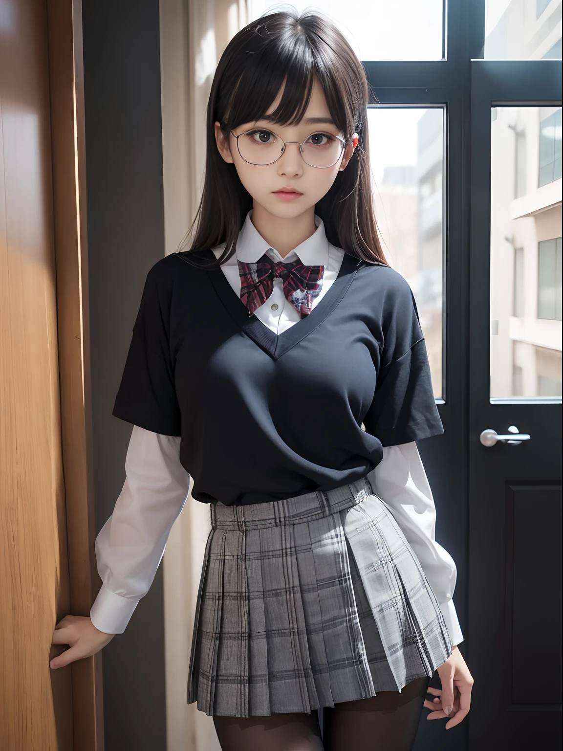 (Underwear is visible),(Twin-tailed)、((Narrow-eyed))、（8K、Raw photography、top-quality、​masterpiece：1.2),((small tits))、((small tits))、((small tits))、((small tits))、((small tits))、((A-cup))、((A-cup))、((A-cup))、((A-cup))、((A-cup))、Has a small、(flat breast)、(flat breast)、(flat breast)、(flat breast)、(flat breast)、(being thin)、Dark look、Rasping,glamor,Chromo-white skin,cocky,School,watching at viewers,Looking at the front,Muchimuchi,High-pitched clothing,Erotic,Pupils,de pele branca,kne,((Black pantyhose)),absurderes,a small face,,Forehead visible,Bangs hanging from the left and right sides of the forehead,(a cold expression,Tight eyes,glares,Bullish,irate)、​masterpiece,top-quality、超A high resolution,Raw photo,ren,Beautiful fece,One Person, 独奏,eye glass,,Dark look,Small breasts,fullllbody,Round glasses,JK school uniform,hi-school girl,A Japanese Lady,is standing,（Photorealsitic：1.37）、Photon mapping,Realistic、Beautie,Cute little face,Brown-eyed、Black socks、(Red bow tie)、Radio City、Physically Based Rendering、depth of fields、Blurry background、a picture,Body,beauty legs, Long legs, Thin leg,(Bangs are visible), hair, s lips, Blue_The eye, nosesoft,(Light blue shirt), (Navy and blue and white plaid pleated skirt), Knees are visible,Sheer clothing,, Thigh, Black cotton socks,Nogizaka Idol, 女優, Japanese ido