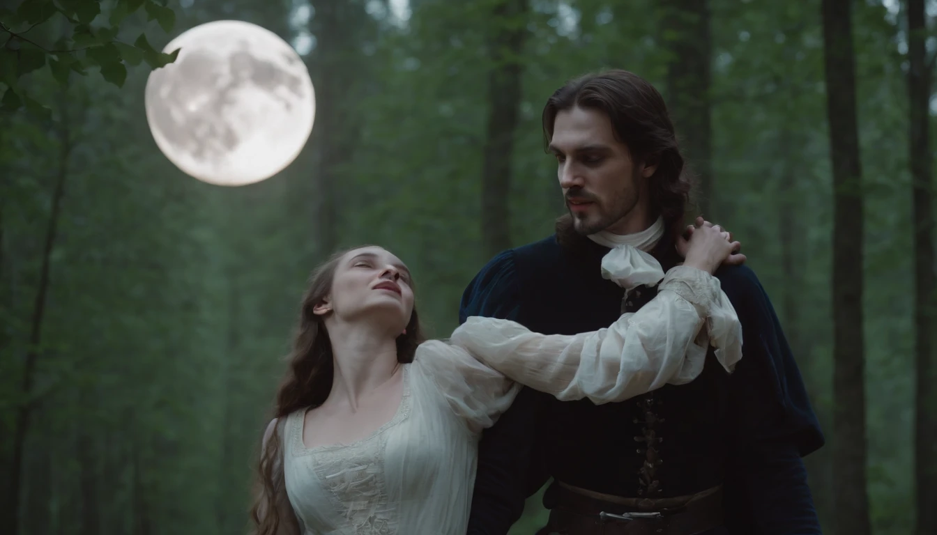 medieval Hungary, a medieval vampire-like man dances with a young beautiful girl in the forest at dark night beneath a large moon, eerie, mystical, cinematic scene from film