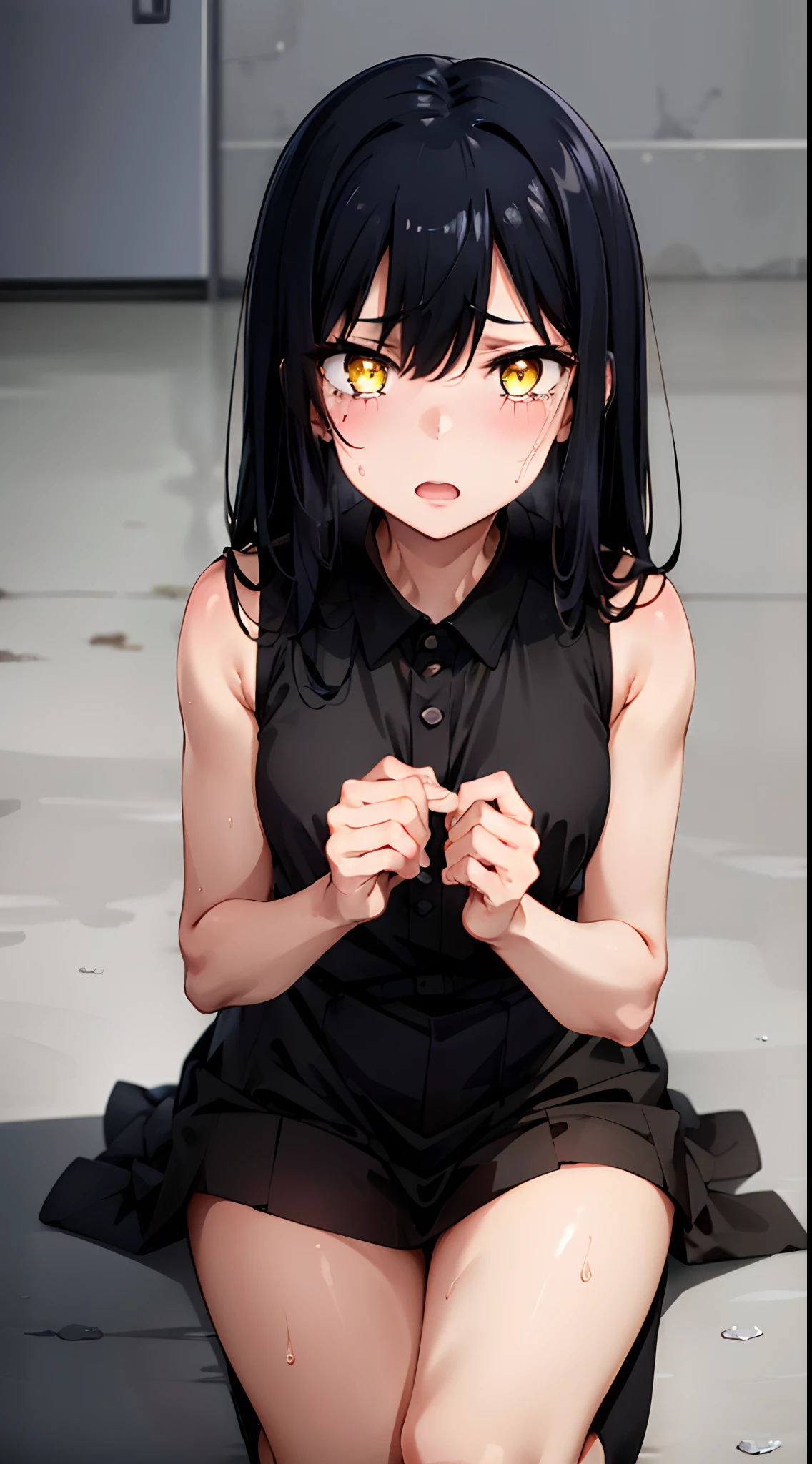 (mieruko:1.3), 1girl, scared, tears, sweat drips, yellow detailed eyes, long black hair, big eyes, (open mouth:0.1), detailed pupils, hdr shadows, ((elegant clothes)), sleeveless.