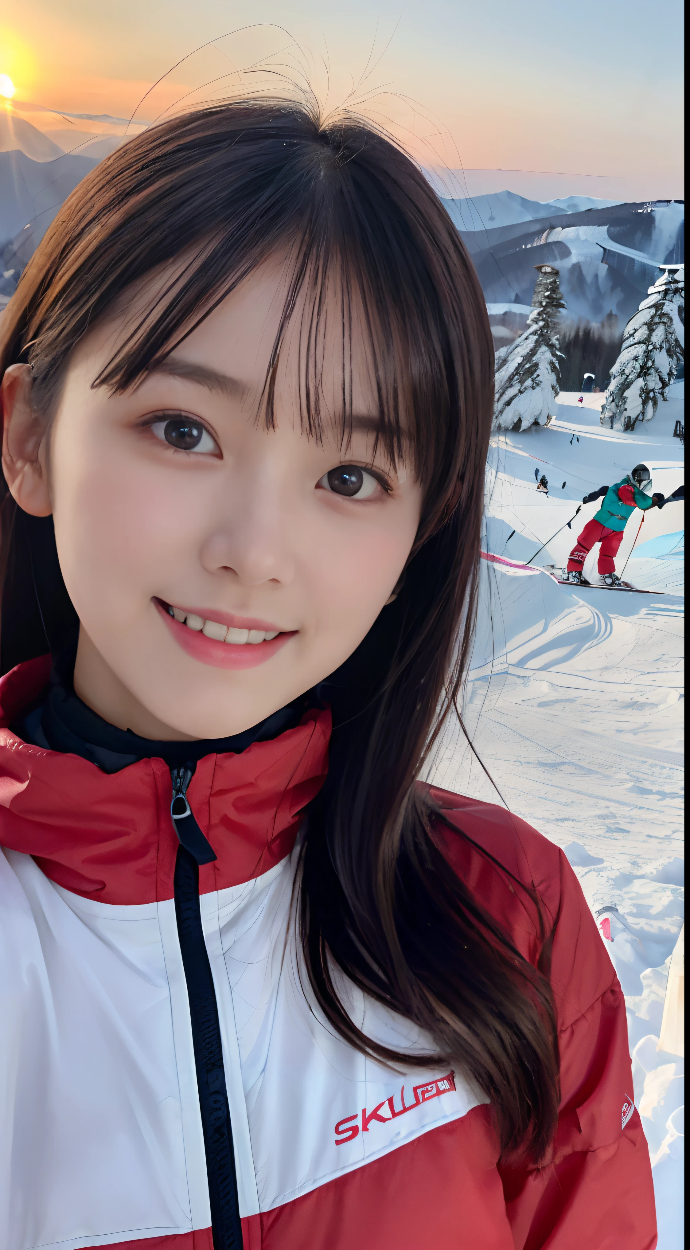 ​masterpiece、8K、32K、top-quality、(A cute Japanese woman:1.1)、detail portrayal、1 girl in、elegent、23years old、bangss、(Ski Wear:1.3)、(Winter Ski Resorts:1.1)、cowboy  shot、tits out、ssmile
