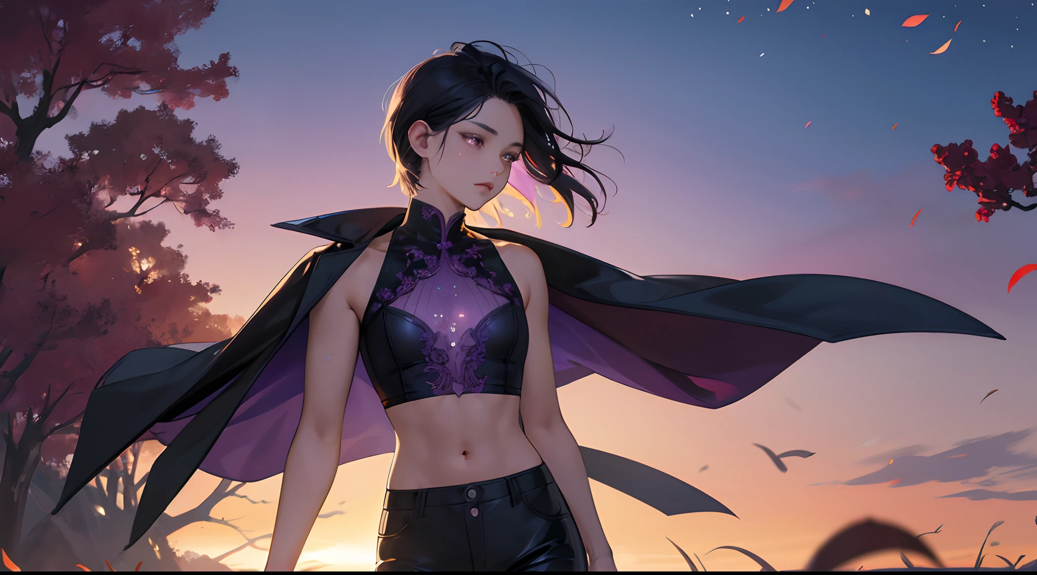 (masterpiece), ((top-quality)), (ultra-detailliert), ((extremely delicate and beautiful)),the Extremely Detailed CG Unity 8K Wallpapers,细致背景,,colourfull,、Beautiful detailed sunset sky、Evening glow、Drift Racing(Parallel Flow)、Breeze on the background of large cherry trees and meadow、Standing on the meadow at sunset,Woman showing her back,Short hair fluttering in the wind,Lights to plug in,Lonely look,Gaze into the distance,Purple highlights on black hair,beautidful eyes,sharp eye,Boyish berry shorthair,Purple high neck sleeveless shirt with intricate decoration,Black and purple jacket,Navel Ejection,Tight leather pants,slim and muscular figure,Delicately expresses realistic skin texture,Floating on a spiral luminous object,Firefly luminescence,Facial expression close-up