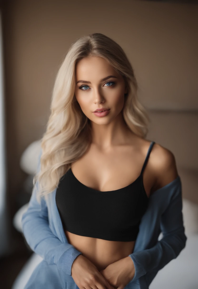 Woman with matching tank top and panties, Sexy girl with blue eyes, portrait sophie mudd, portrait corinna kopf, blonde hair and large eyes, Selfie einer jungen Frau, Augen im club Violet Myers, ohne Make-up, Natural makeup, Blick direkt in die Kamera, Gesicht mit Artgram, dezentes Make-up, Stunning full body shot, im Schlafzimmer, Spaltung