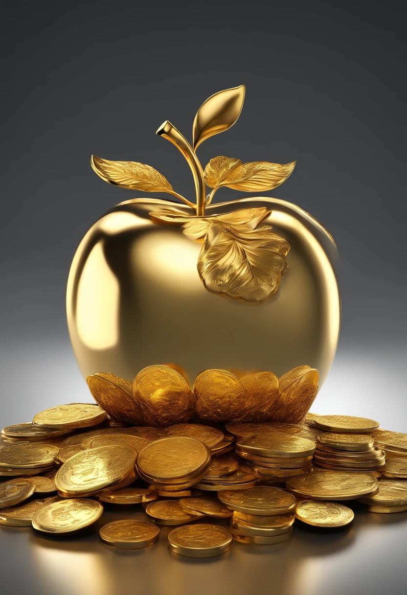 "Very beautiful 3d rendered gold apple,Representation of dynamics, Vivid effects and details,Top image quality,hight resolution,plethora of colors, Pile of Coins, treasure"