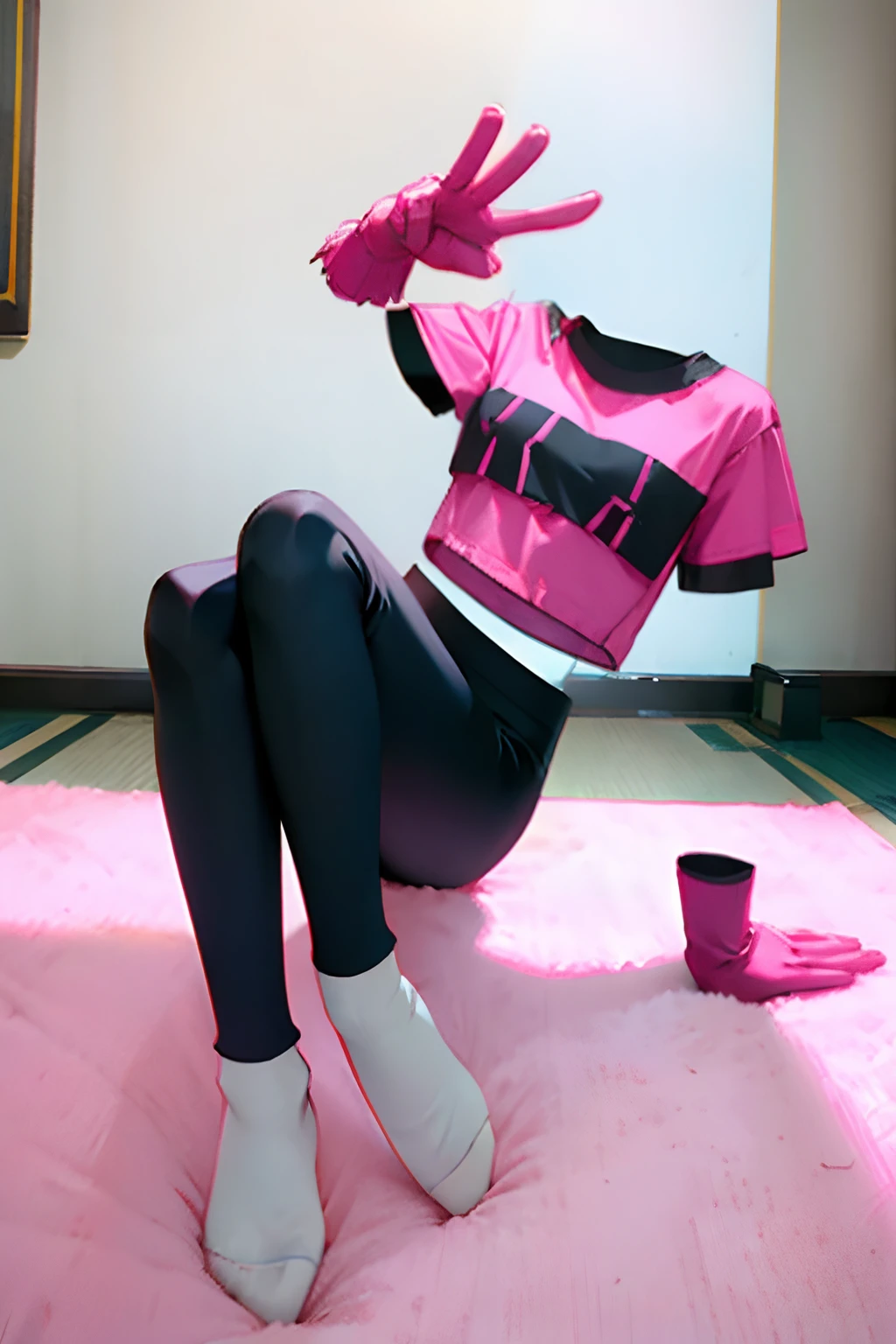 Hoshino Ai, seductive pose, indoors, black leggings, no shoes, gloves, idol, pink shirt, invisible, no humans, white socks, lying down, best quality