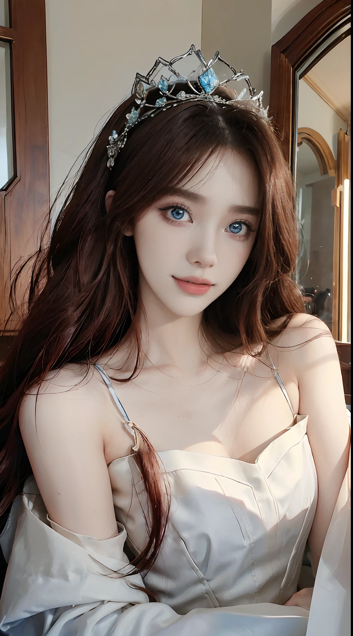 (Full body photo)、 girl), (Perfect hands:1.2), (Perfect Anatomy:1.2), (Highest quality:1.3), (masterpiece:1.3), (Very detailed:0.8), 18-year-old, Perfect Face, Cute and symmetrical face, Baby Face, Pink Lips, (:1.1), High resolution, 8K, Happy, charm的な (toru asakura: 1.3), (Beautiful Face: 1.1), beautiful girl, cute, charm, beautiful detailed 顔, blue eyes, detailed 目s, Sparkling eyes, charm的な目の反射, Sparkling eyes, Pupil depth and three-dimensional effect, Small breasts、Detailed skin, Shiny skin, Bedroom、 the bed、Small Head,(((Small breasts、B Cup Bust)))、Large wet t-shirt、Nipples visible through clothing