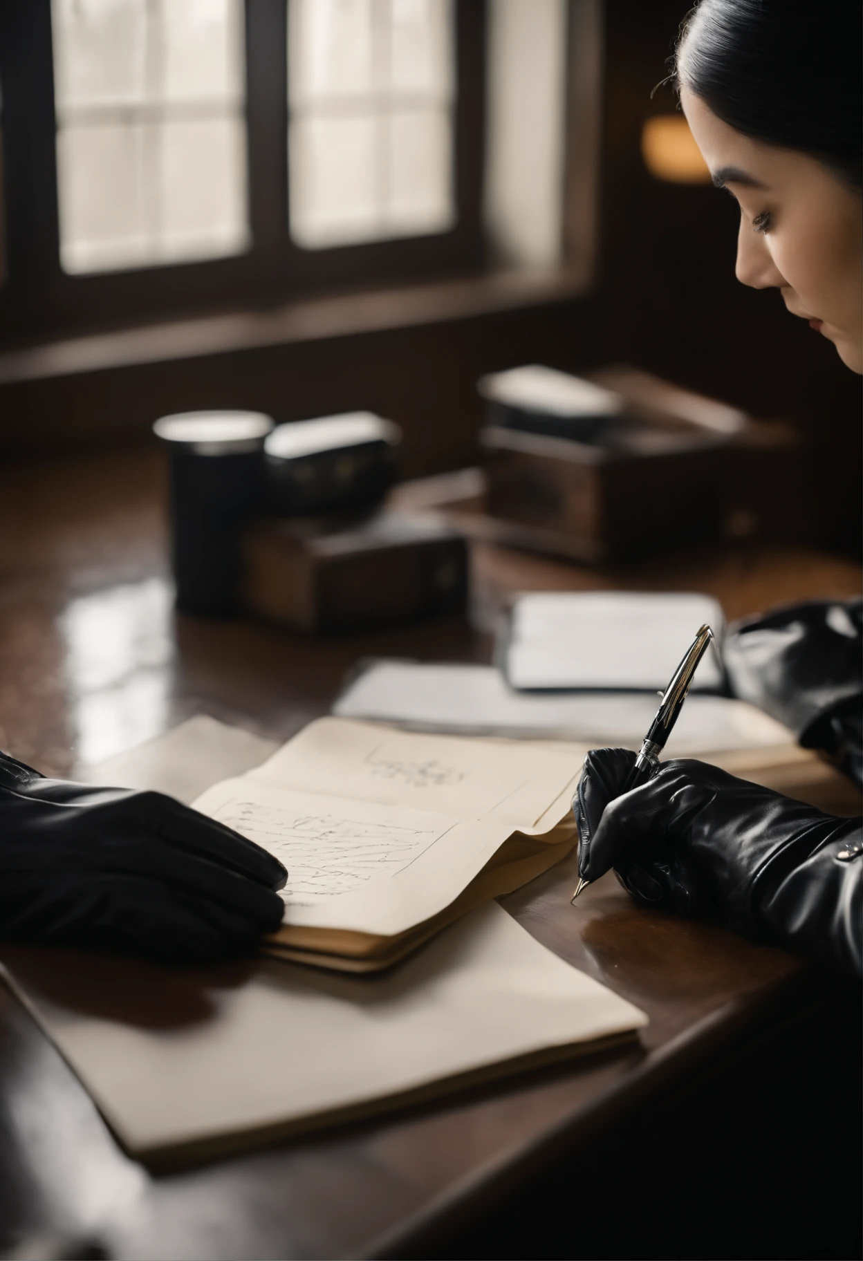 Wearing black leather gloves on both hands, Upper body, Black Leather Rider Jacket, Sitting at a desk in a dark study, Look down and smile, Use a fountain pen to write a letter, Black hair long straight, Young japanese lady (Black leather gloves cover both hands)