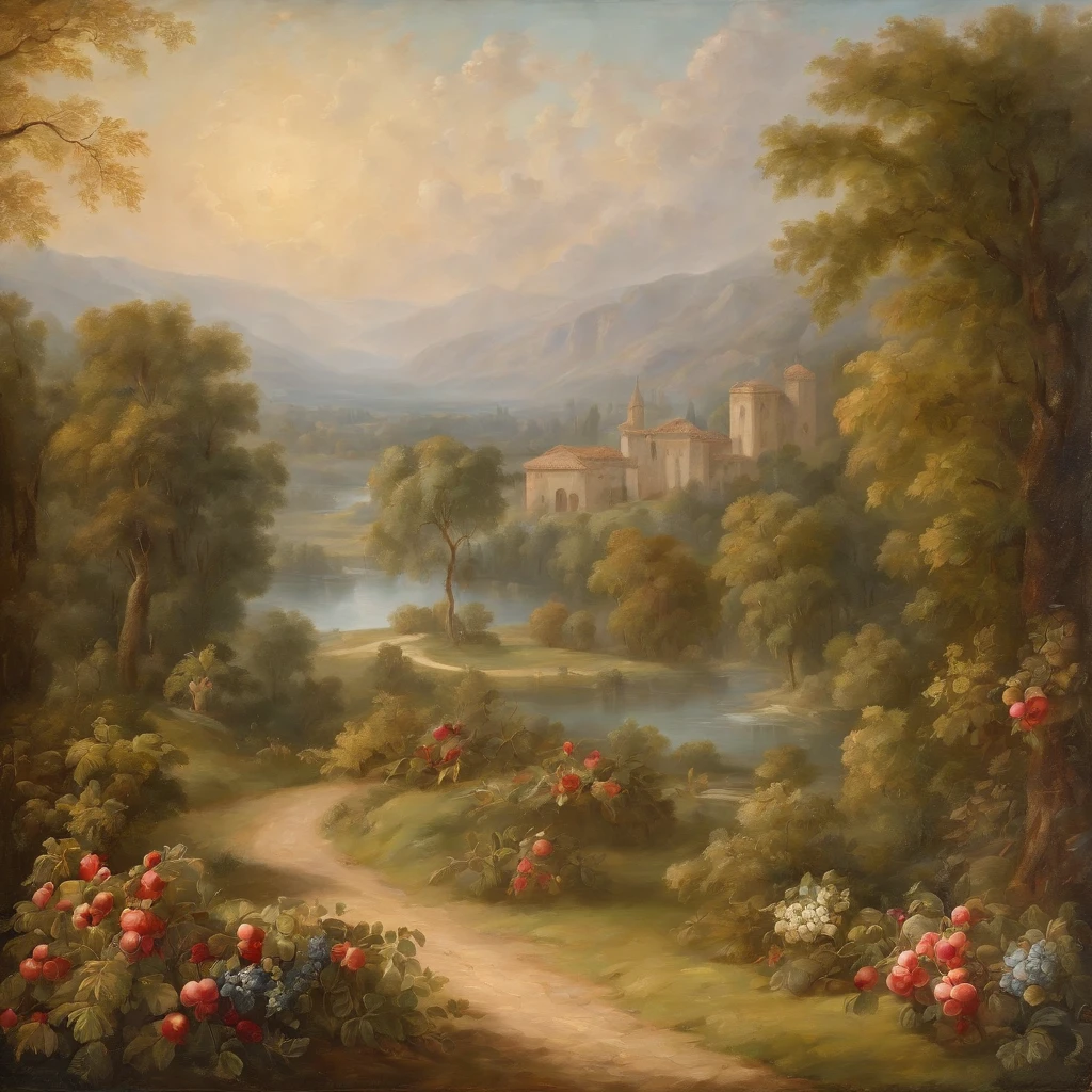 Bible-inspired oil painting, Imagine the Garden of Eden, in the vision of the painter Leonardo da Vinci, Impasto Oil Painting