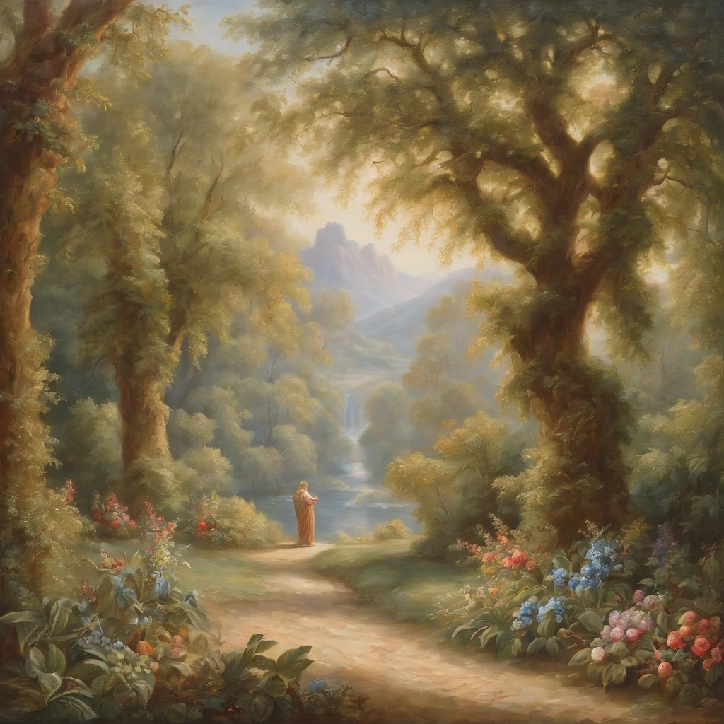 Bible-inspired oil painting, Imagine the Garden of Eden, in the vision of the painter Leonardo da Vinci, Impasto Oil Painting