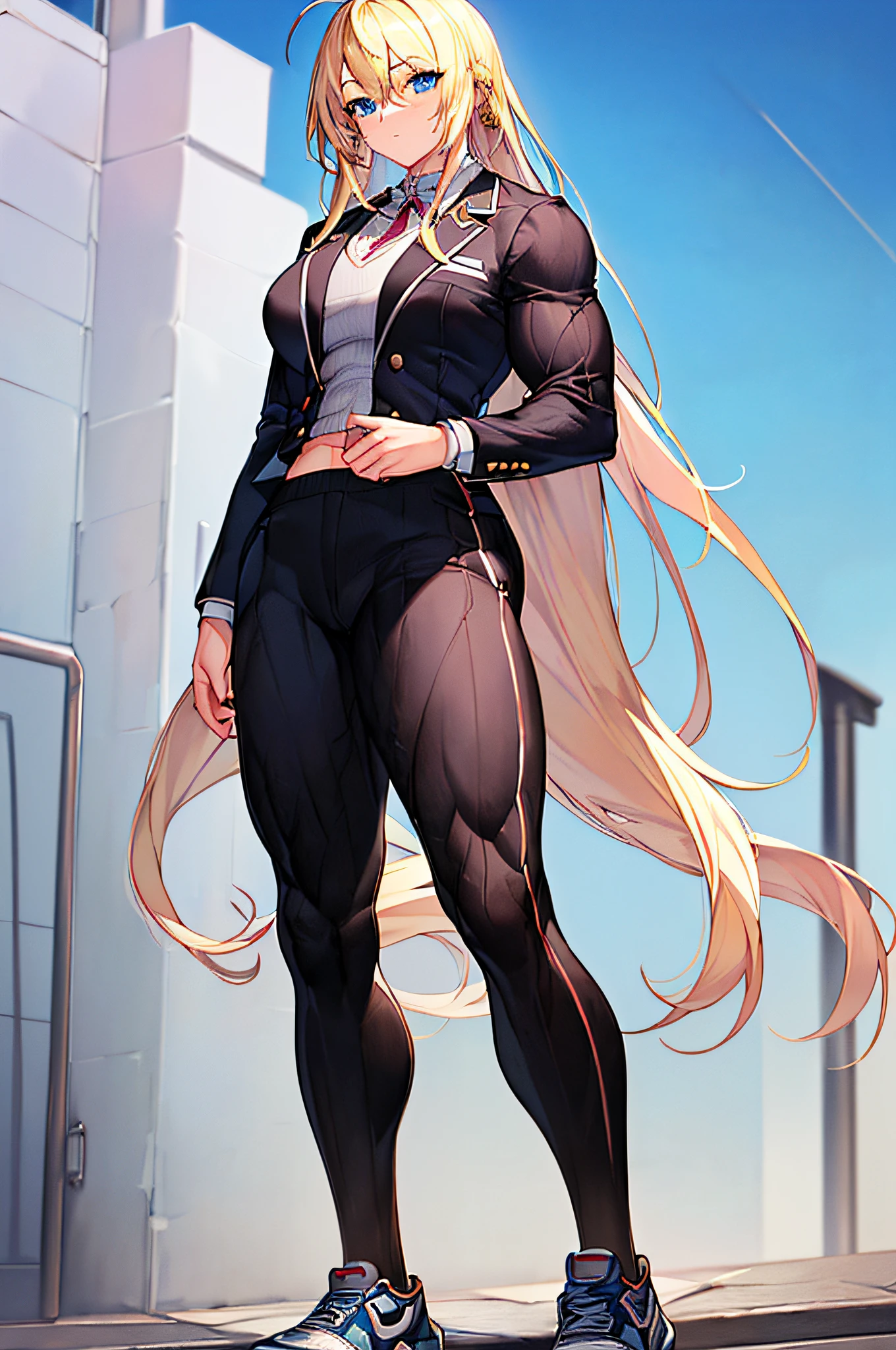 ((masterpiece)), (((best quality))), ((ultra-detailed)), ((illustration)), ((long hair)), ((1 girl)), (solo), full body, (((muscular:1.2))), beautiful detailed eyes, hairs between eyes, ((medium breasts)), detailed clothes, ((blonde hair)), blue eyes, ahoge, (muscular girl), (((wearing a sports jacket))),(pants),(loose clothes),loose pants,((tall and strong)),