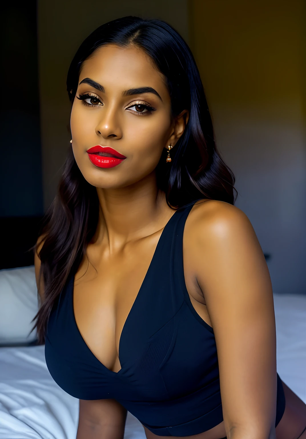 there is a woman in a black top and a red lipstick, sexy girl with dark complexion, photo of a beautiful woman, with brown skin, gorgeous woman, portrait of a beautiful model, indian girl with brown skin, she is wearing a black tank top, gorgeous beautiful woman, she has olive brown skin, 30-year-old woman from cuba