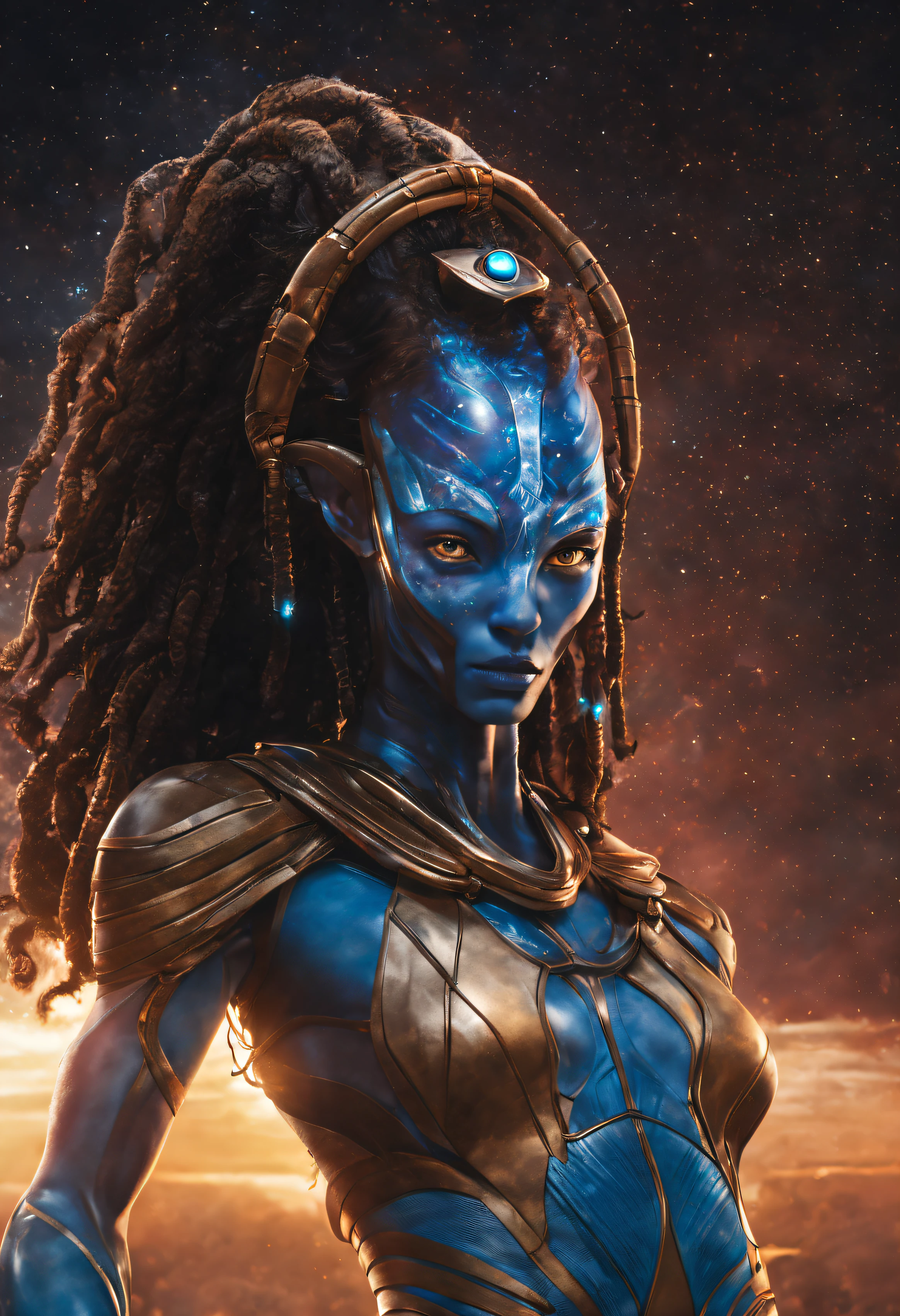 hembra alienigena extraterrestre (mezcla de nebula de marvel comics y neytiri de avatar), ojos grandes, traje ultratecnologico, se encuentra en centro de control de estacion espacial.