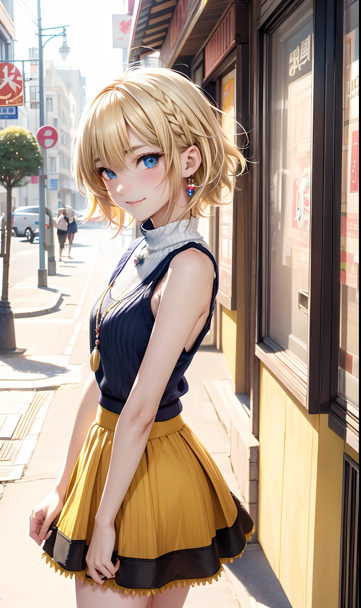 absurderes, ultra-detailliert,bright colour, extremely beautiful detailed anime face and eyes, (独奏:1.6),(short twin-tailed blonde hair:1.6), Shiny hair, Delicate beautiful face, red blush,(Deep Blue Eyes:1.4 ) White skin, hair clips, earrings, a necklace,(Sleeveless knitwear:1.3),The bra is slightly visible,(Barbary skirt:1.3) (nightcity:1.3),Bustling street、Happy smile:1.5)