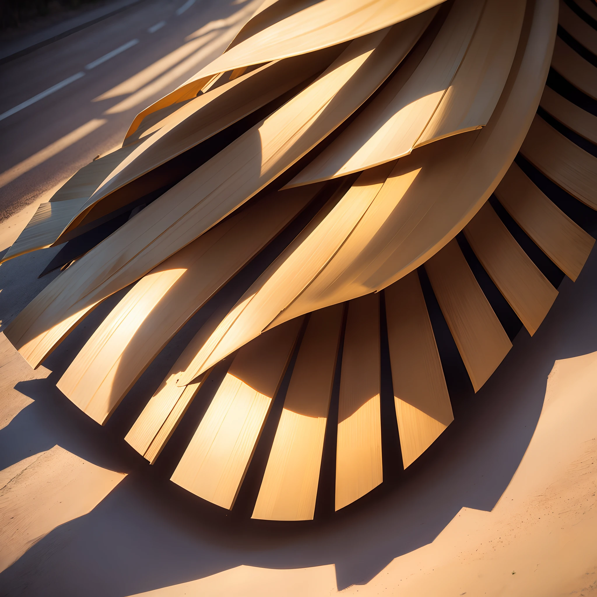 Gold image of multi-layered fans stretched out on the road to a forest