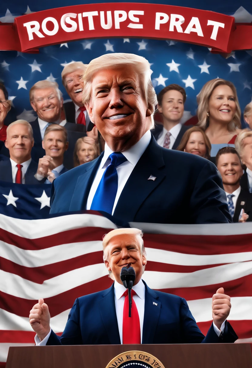 (best quality,4k,8k,highres,masterpiece:1.2),ultra-detailed,(realistic,photorealistic,photo-realistic:1.37),portrait,politics,detailed face composition,USA flags,presidential candidate,confident expression,Trump 2024 campaign,red tie,signature hairstyle,(American traditional,realistic:1.1) oil painting style,patriotic colors,sharp focus,strong lighting,raised fist gesture,microphone,stage backdrop [crowd cheering],Presidential Seal,crowd with Trump supporters,Make America Great Again slogan,Eagle symbol,Trump Tower silhouette,stars and stripes background,expensive suit and tie,confident smile,Republican Party,winning atmosphere,podium,whites,blues,and reds,happy supporters,united America,impressive stage setup,loud applause,engaging speech,thousands of attendees,Trump logo,positive energy,vibrant colors,striking contrast,leadership quality,energetic movement,emotional connection with crowd,large campaign rally,confident body language,inspiring presence,passionate speech,flag-waving,high-energy event,celebratory atmosphere.