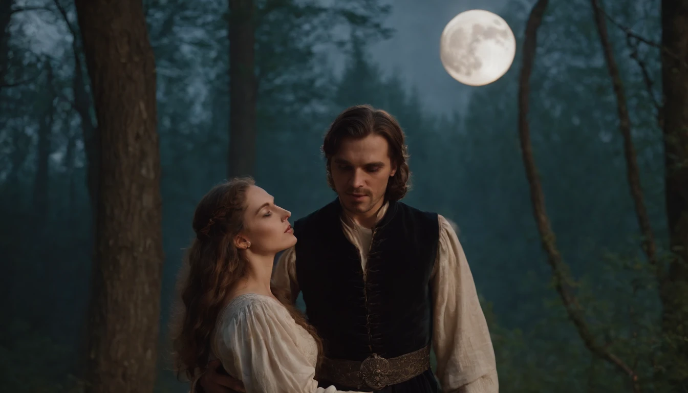 medieval Hungary, a medieval vampire-like man dances with a young beautiful girl in the forest at dark night beneath a large moon, eerie, mystical, cinematic scene from film