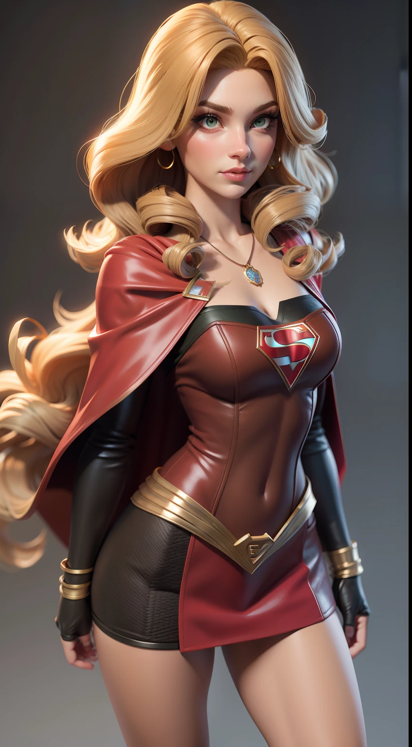 Super Girl, DC Heroine, masterpiece, best quality, 3D rending work, 3dmm style, full body, 3D, solo, brown hair, rope necklace, looking to the side, realistic, upper body, simple background, blonde hair, looking away, long blonde hair, separated-lips, heroine outfit, makeup, long brown curly hair, green eyes, red cape, neckline.